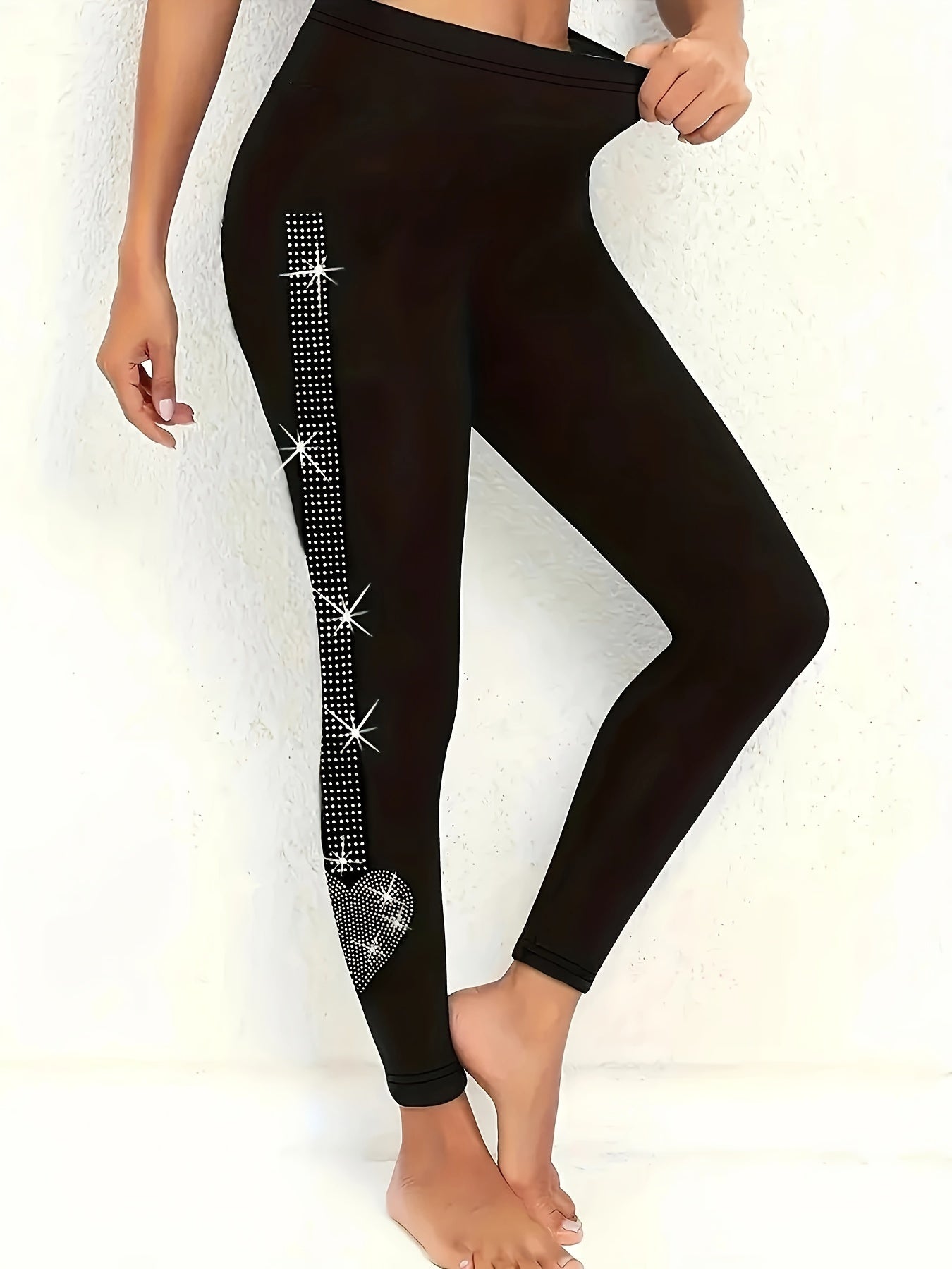 Plus Size Rhinestone Leggings - Flattering Curvy Fit for Plus Size Women, Adorable Heart-Shaped Rhinestones, High-Rise Waistband, Super Stretchy and Slim-Fit Leggings - Designed Specifically for Womens Comfort and Style, Perfect for Everyday Wear