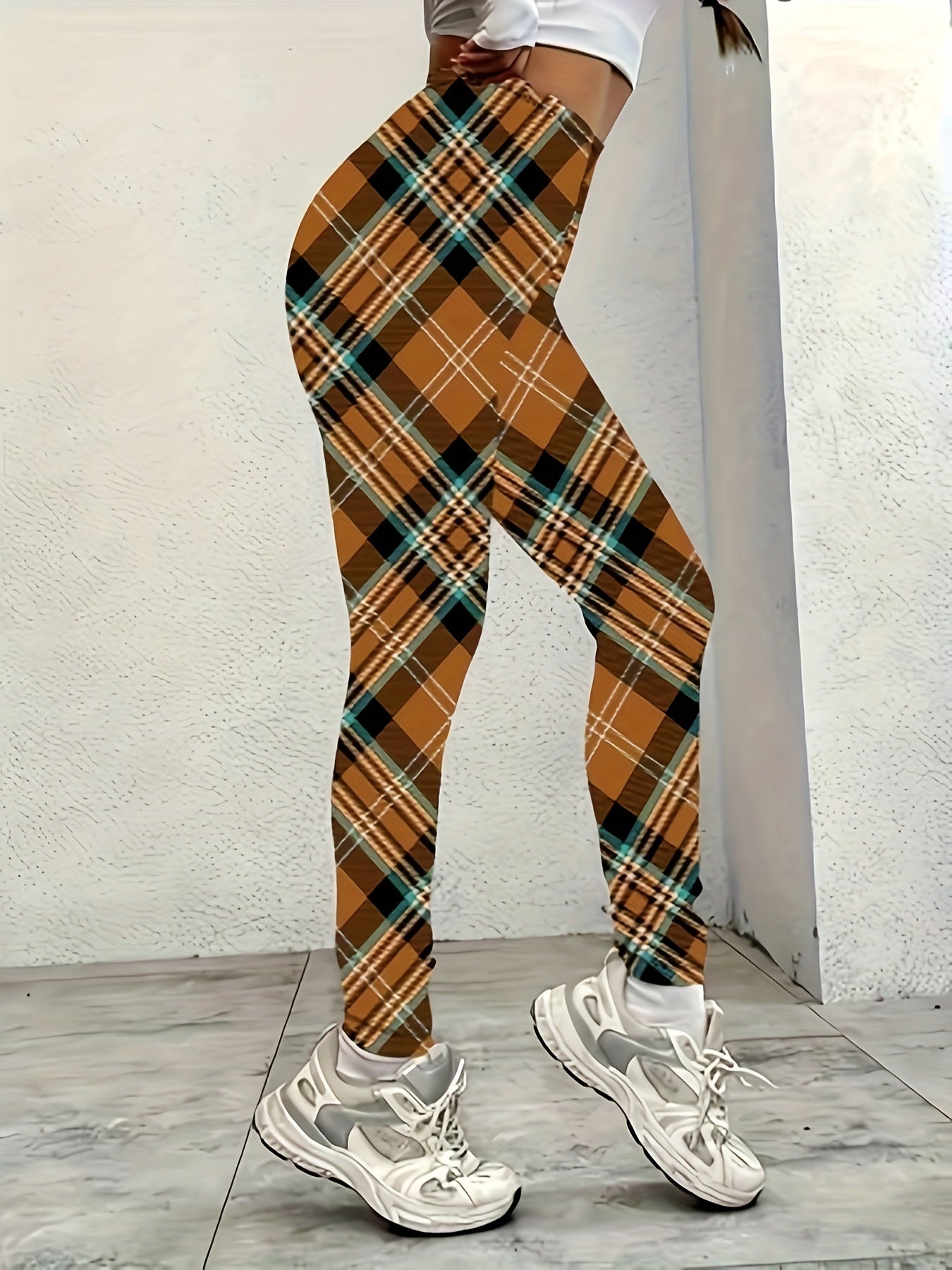 Plus Size Plaid Print Skinny Leggings - High Waist, Stretchy, Casual, Comfortable, and Flattering Women's Clothing for Curvy Figures