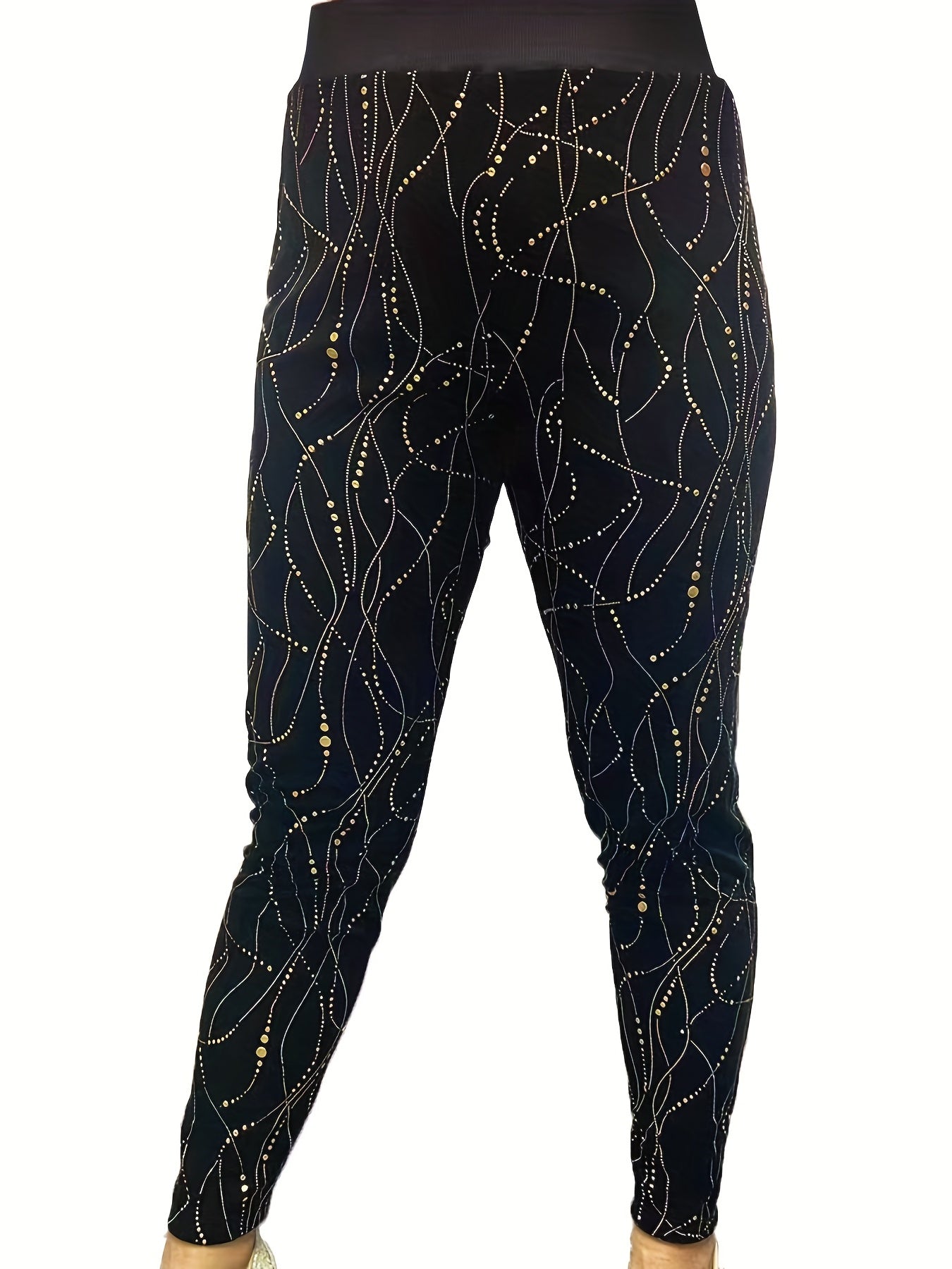 Plus Size Sporty Leggings, Women's Plus Golden Dot Print High Rise Stretchy Skinny Leggings