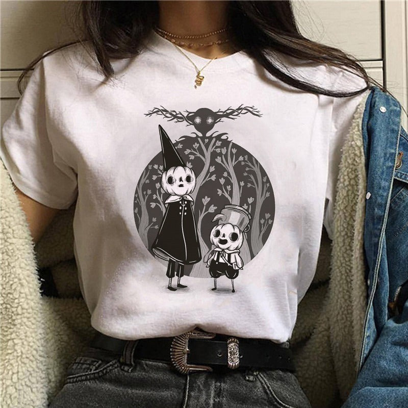 Cartoon Cat Mushroom Halloween Print T-shirt Short Sleeve-Aria Doejay