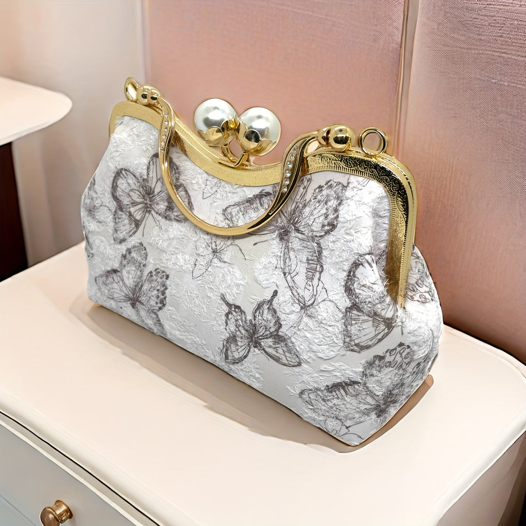 Luxurious White Butterfly Embroidery Evening Bag For Women, Medium Size, Removable Shoulder Strap, Pearl Golden Kiss Lock, Clutch, With Colin Bag