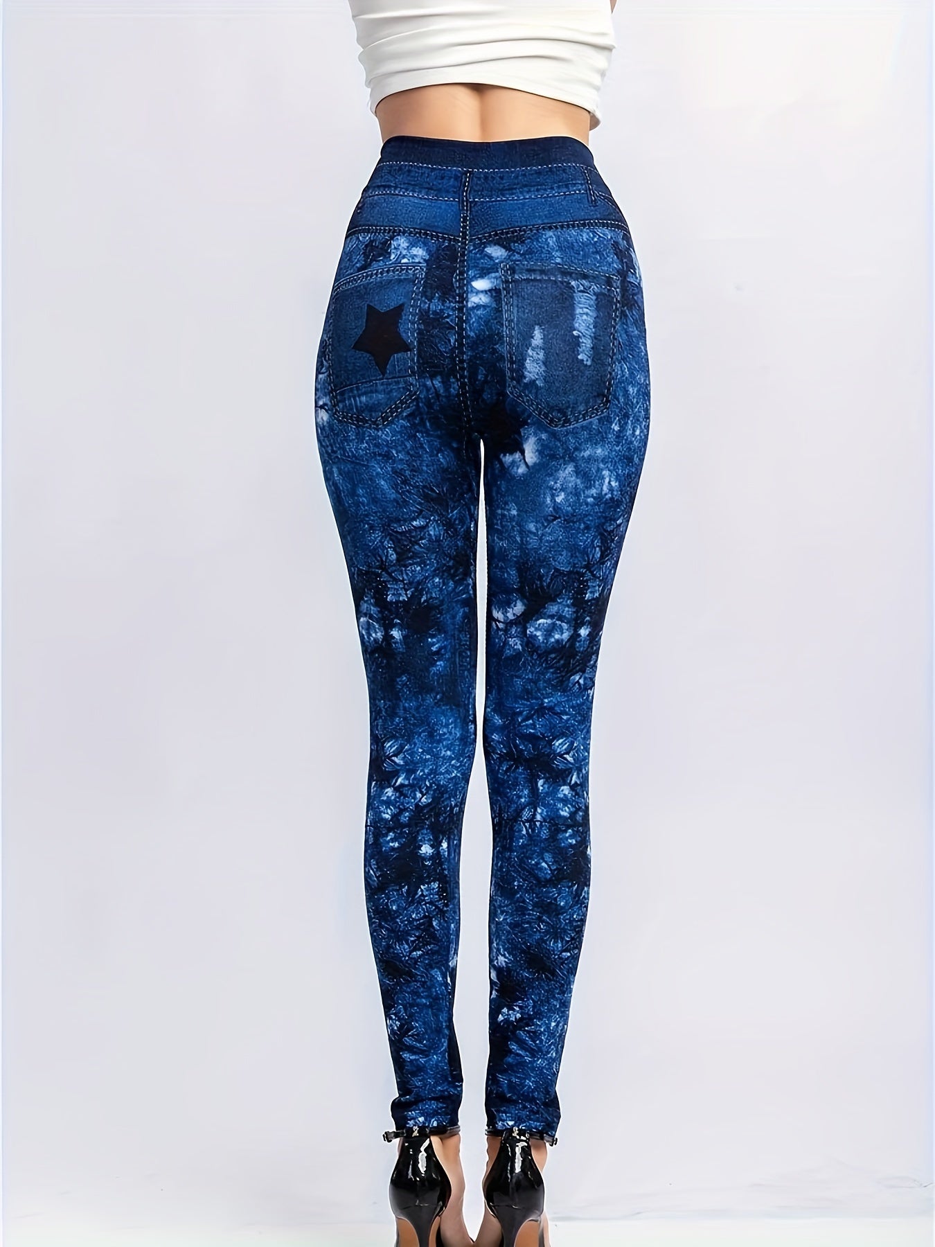 Stretchy Faux Denim Print Skinny Leggings - High-Rise Waist, Super Comfortable, Perfect for Casual Occasions - Designed Exclusively for Womens Clothing