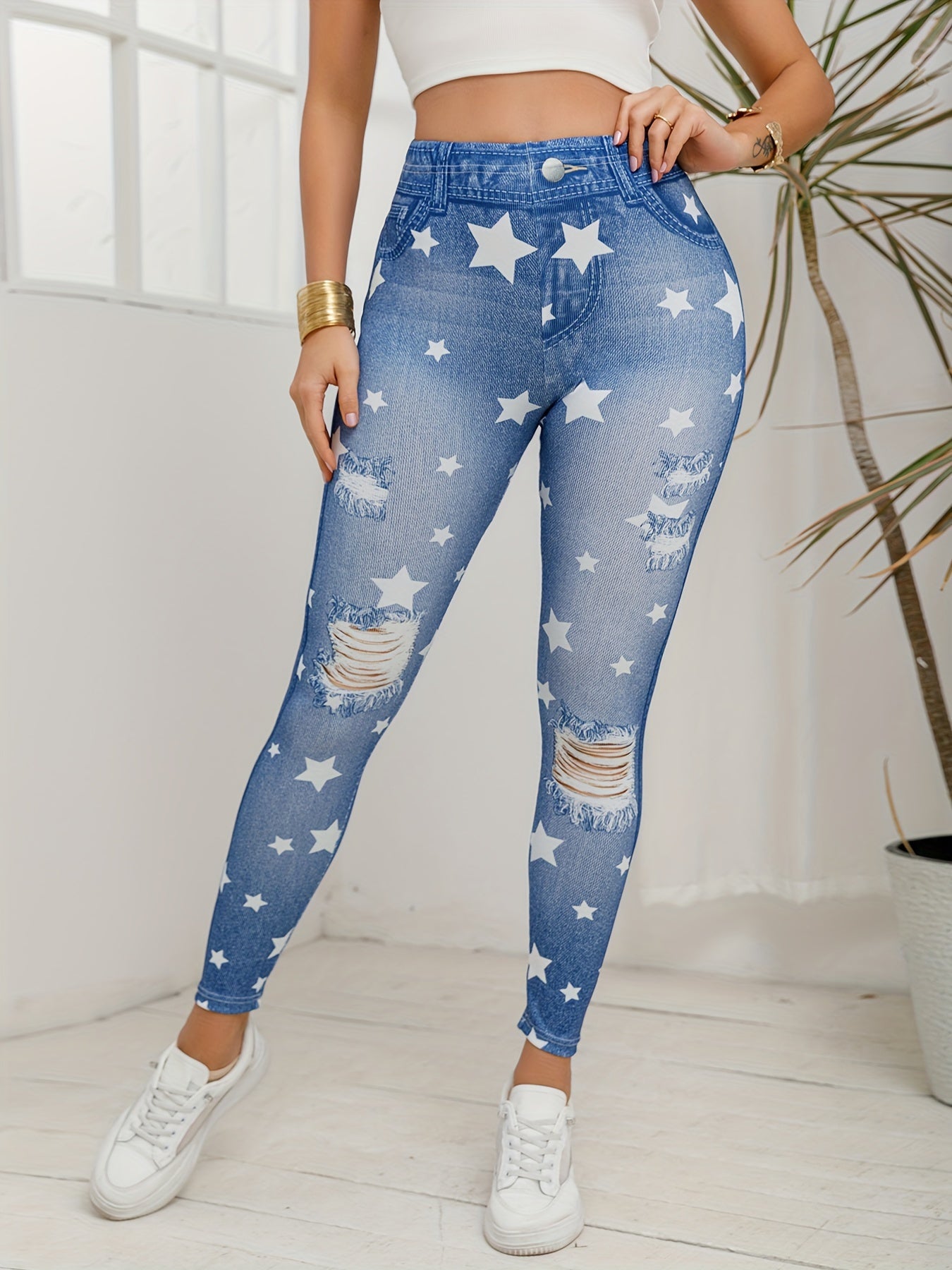 Women's Stretchy Skinny Leggings with Star & Denim Print - Casual Fashion, High-Elasticity Knit, Machine Washable, for Autumn