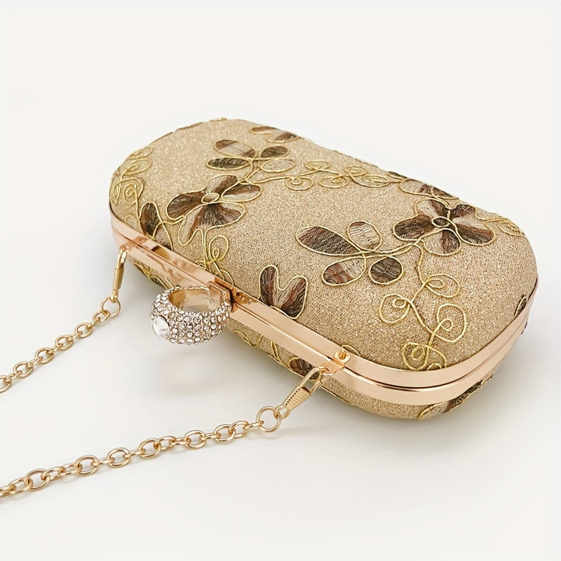 Golden Evening Clutch Purse, Classic Floral Embroidered Dinner Bag, Formal Banquet Bag For Wedding Party Prom