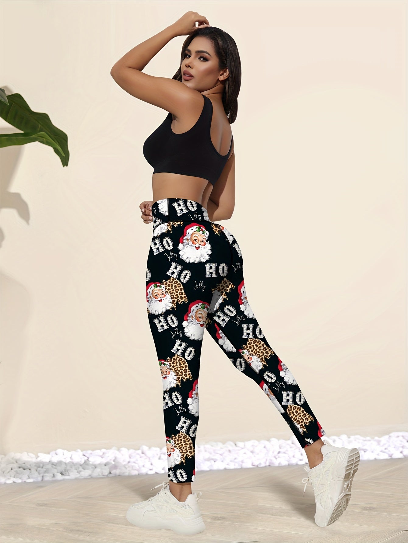 Women'S High-Waist Skinny Yoga Pants, Polyester and Elastane Blend, High Stretch, Santa Print, Casual Party Style, All-Season Knit Fabric, Tummy Control, Peach Lift Leggings