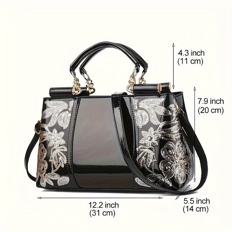 Luxurious Patent Leather Embroidered Tote Handbag, Fashion Sequins Decor Handbag For Women Fashionable Shoulder & Crossbody Purse With Glossy Finish, Spacious Interior, And Stylish Design