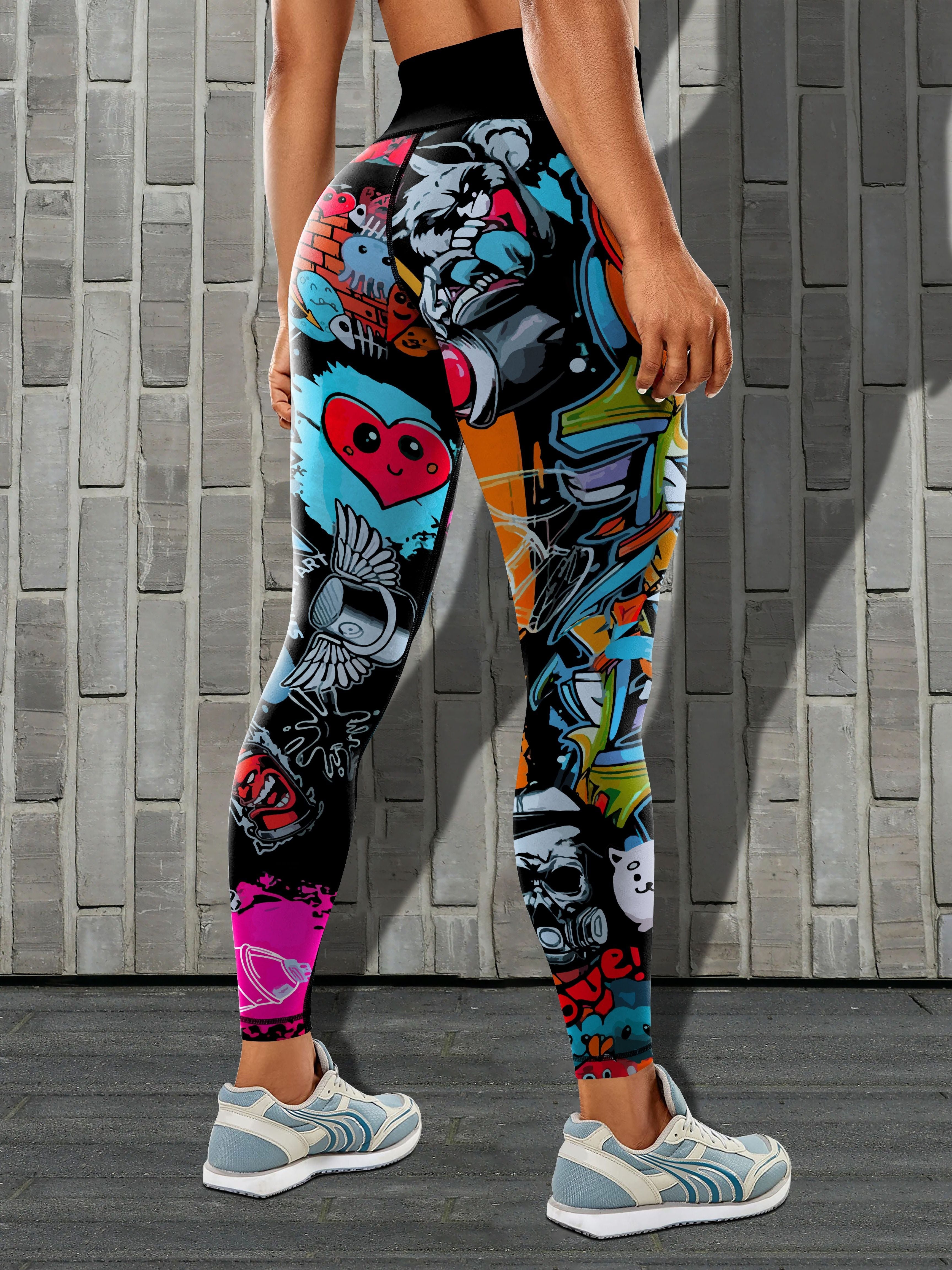 Bold Color Block Graffiti Sports Leggings - Super Stretch Tummy Control & Butt Lifting - Perfect for Running, Yoga, Workout - Womens Activewear, Seamless Tight Fit