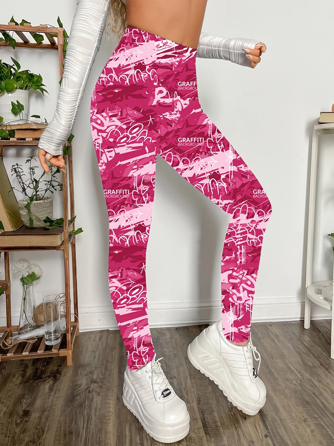 Casual Skinny Leggings, Graffiti Print Every Day Stretchy Women's Clothing