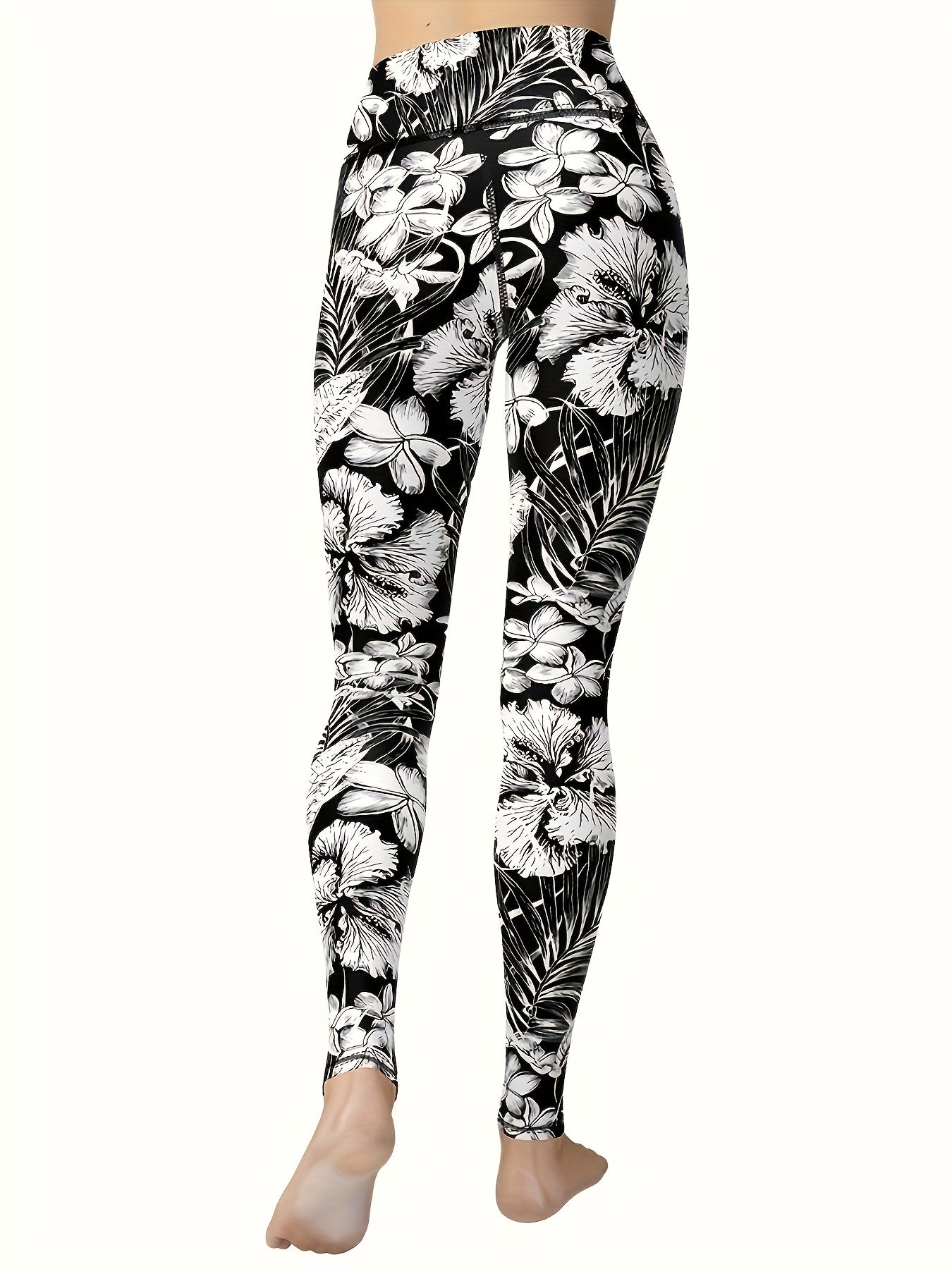 Black And White Floral Printed Women's Yoga Pants