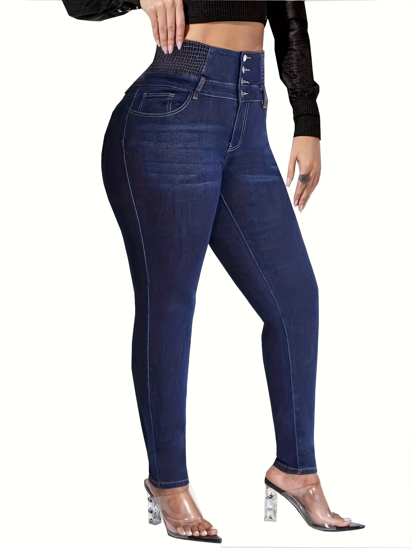 Women's High Waist High-Waisted Stretchy Jeans With Elastic Waistband, Cotton Polyester Blend, Relaxed Fit, Machine Washable