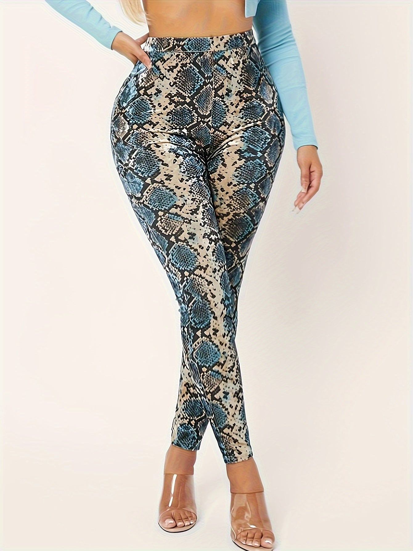 Elegant Polyester Snake Print Leggings - High Waist, Mid-Stretch, Knit Fabric, All-Season Comfort