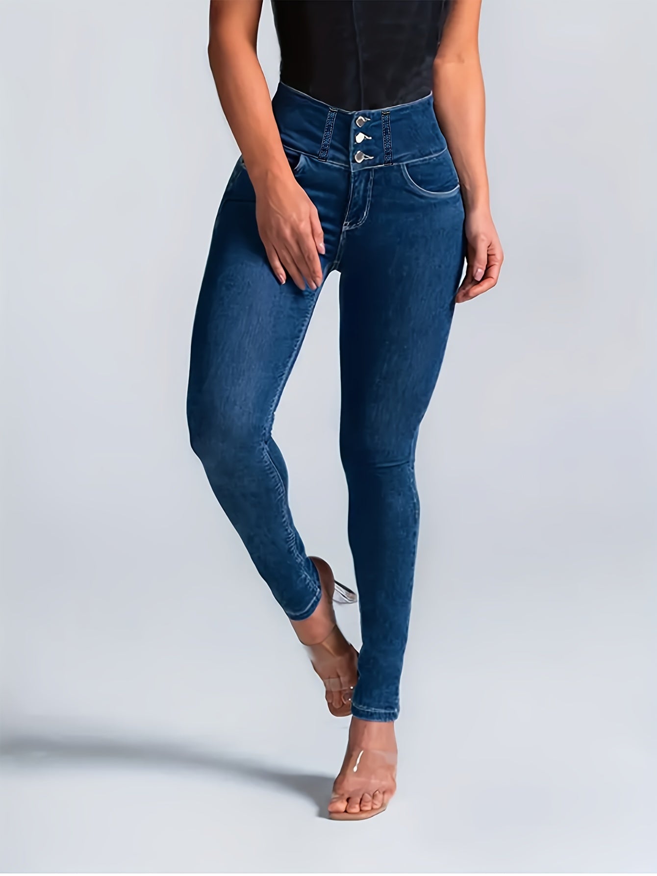 Women's High-Waist Skinny Jeans - Vintage Style, Stretch Denim with Butt Lift, Non-See-Through, All-Season Wear