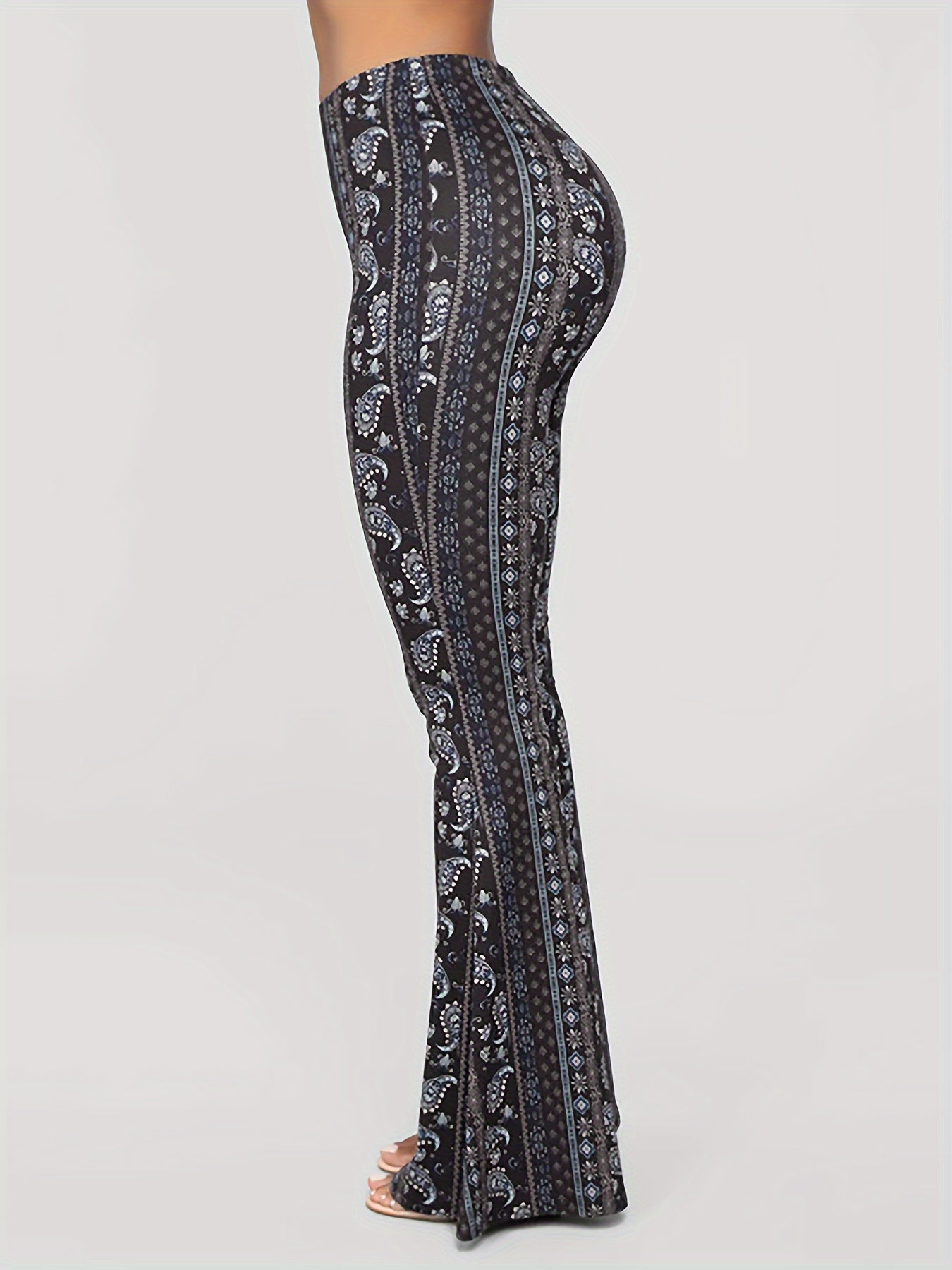 Women's High Waist Sexy Flare Pants - 100% Polyester Knitted Fabric, Paisley Print, All Season, Casual Bell Bottoms