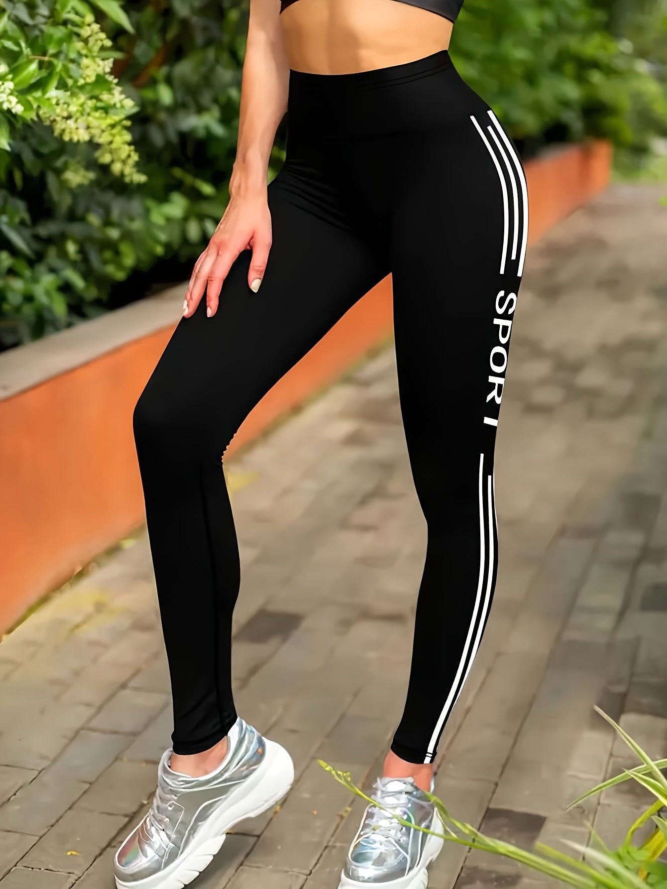 High-Waisted Stripes Print Workout Leggings, Stretchy Skinny Tights for Daily Wear, Women's Casual Clothing