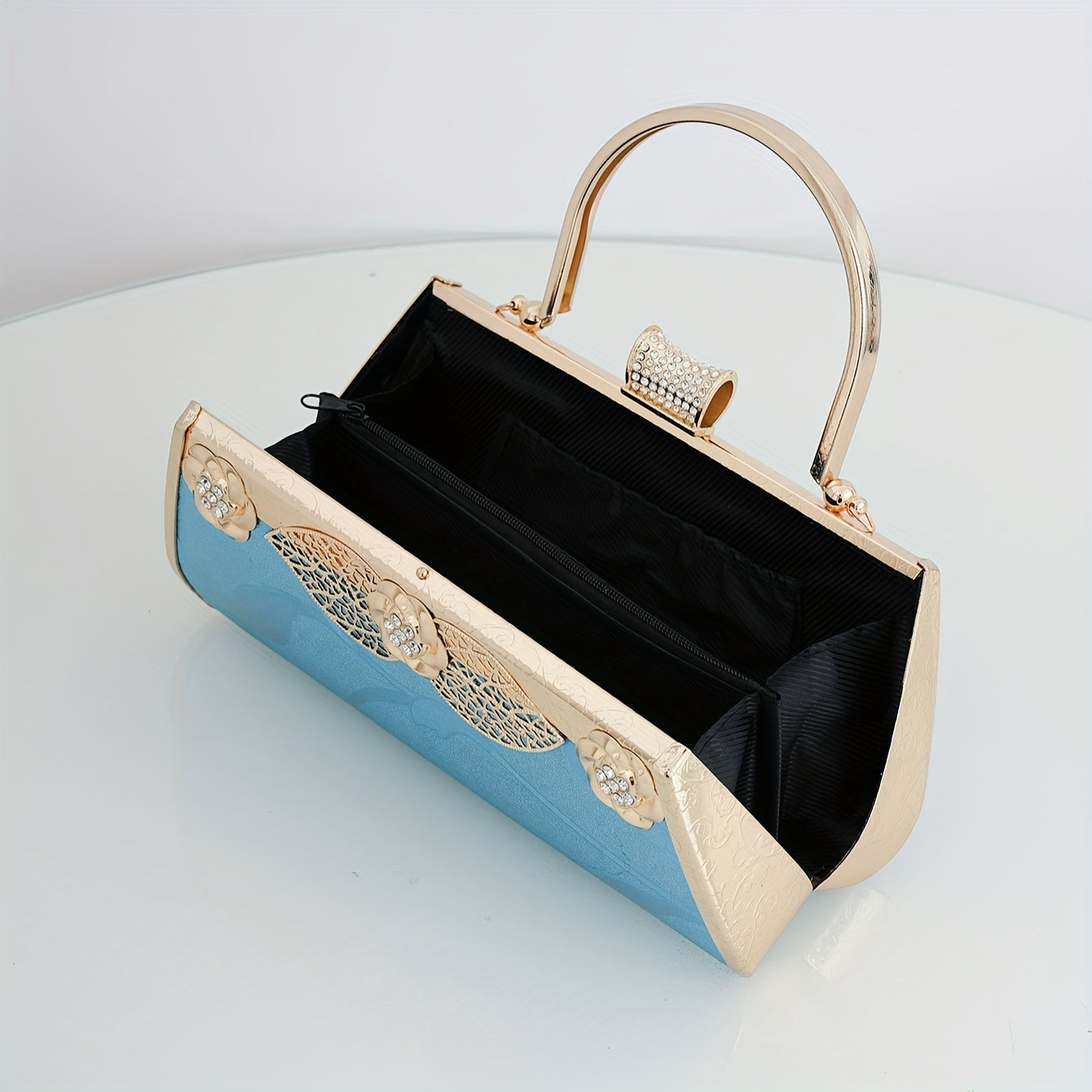 Elegant Blue Evening Clutch with Rhinestone Detail - Floral Pattern, Faux Leather, Perfect for Weddings & Formal Events