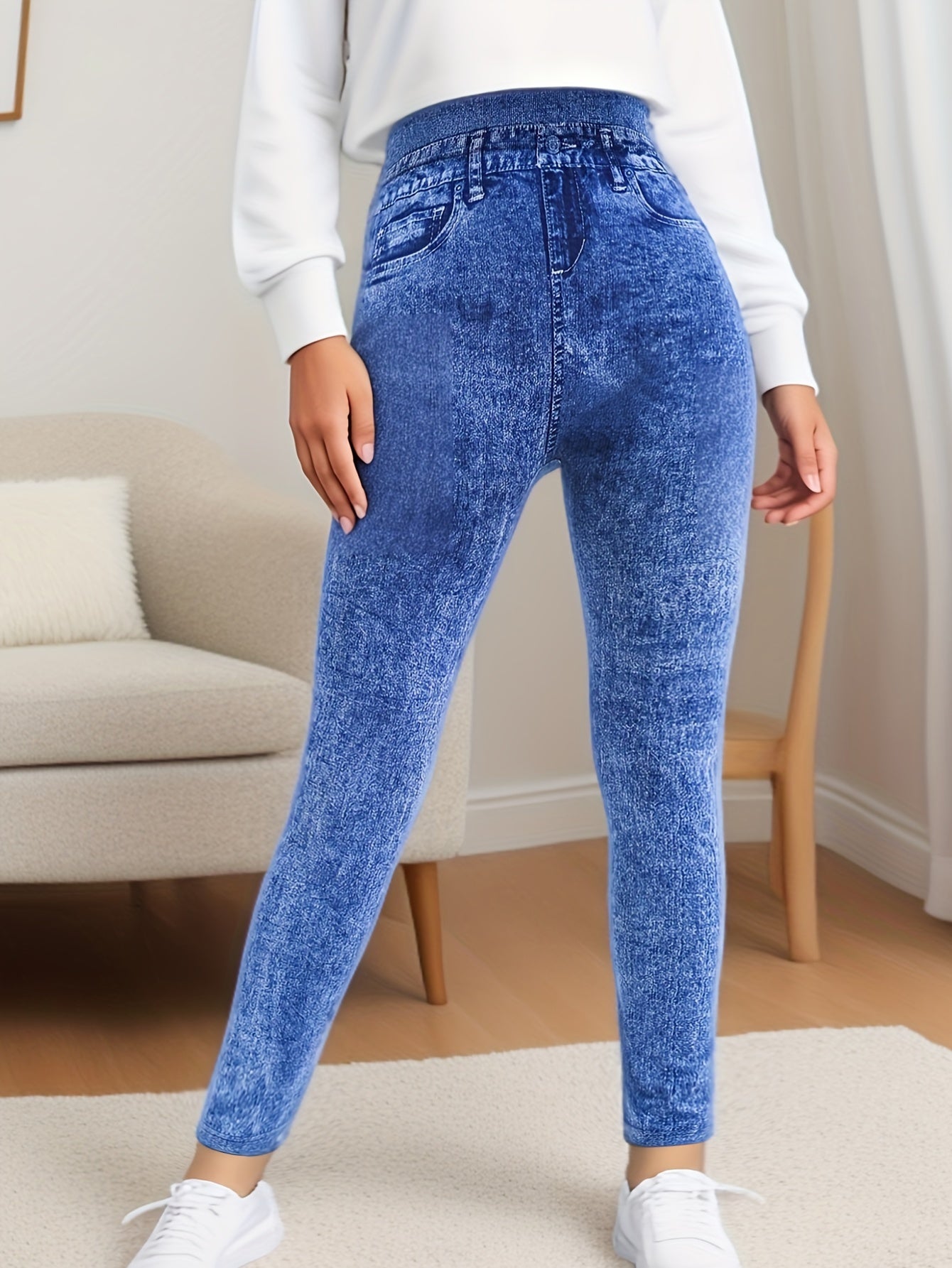 Stretchy High Waist Skinny Leggings for Women - Comfortable Casual Denim Imitation Leggings for Everyday Wear - Soft, Breathable, and Flexible Leggings for Women's Clothing