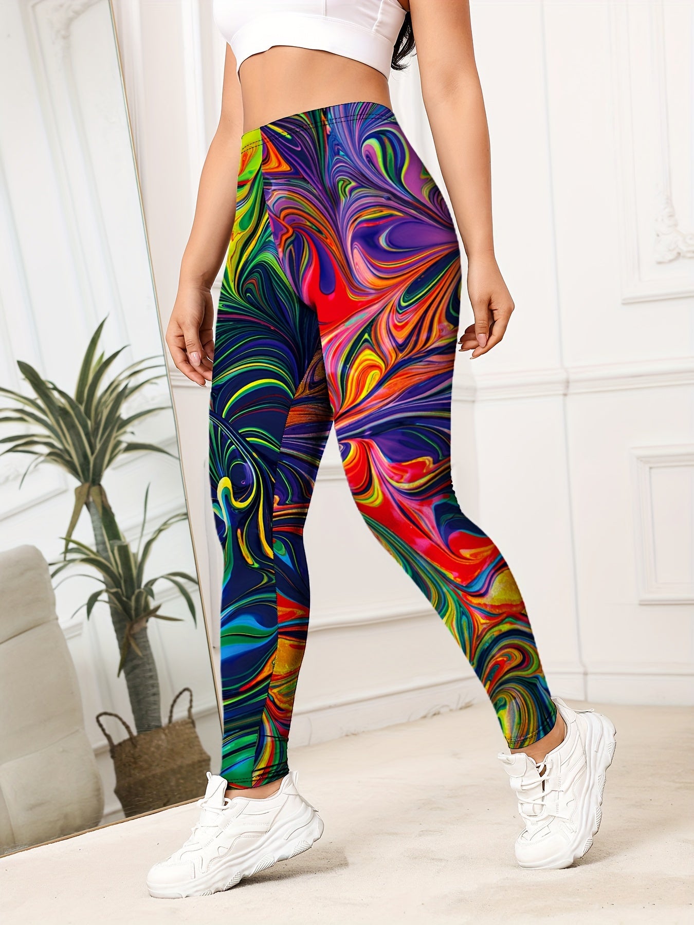 Women's High-Waist Yoga Leggings with Colorful Gradient Swirl Print - Stretchy, Non-See-Through Activewear for Fitness & Training