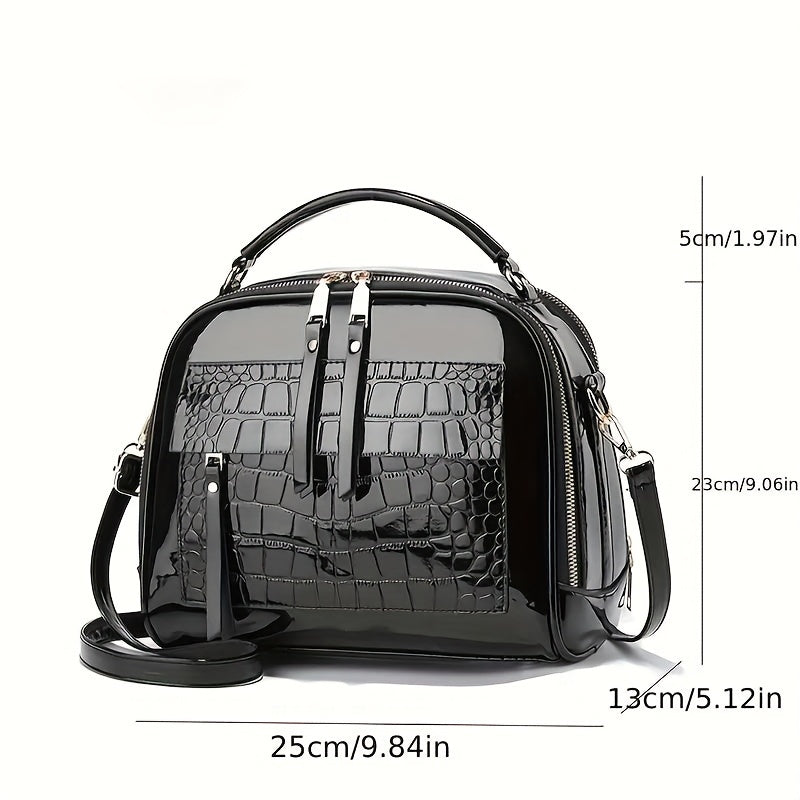 Elegant Crocodile Pattern Patent Leather Handbag, Retro Vintage Square Shoulder Bag, Crossbody With Adjustable Strap For Women