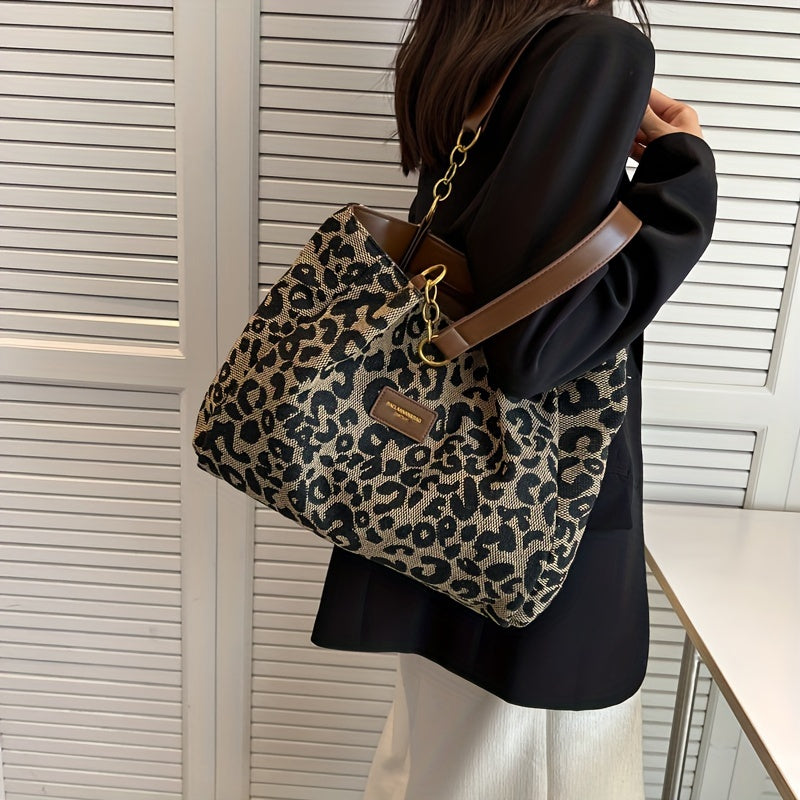 Women's Leopard Print Tote Bag - Faux Leather Shoulder Bag with Zipper Closure, Polyester Lined, Fixed Strap for Casual Outings