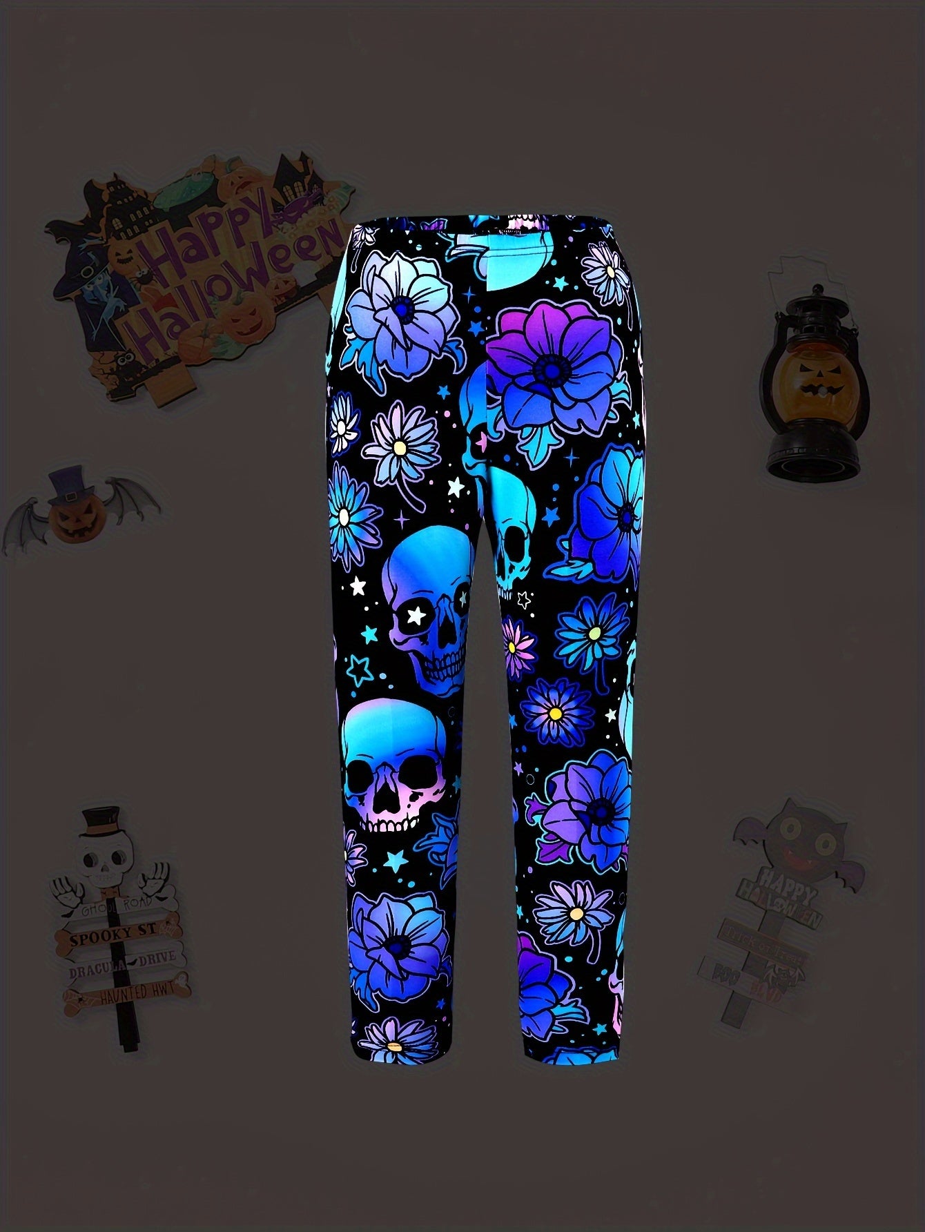 Girls Stretchy & Fit Reflective Glow In The Dark Allover Skulls & Flowers Pattern Leggings For Spring & Fall Halloween Outdoors