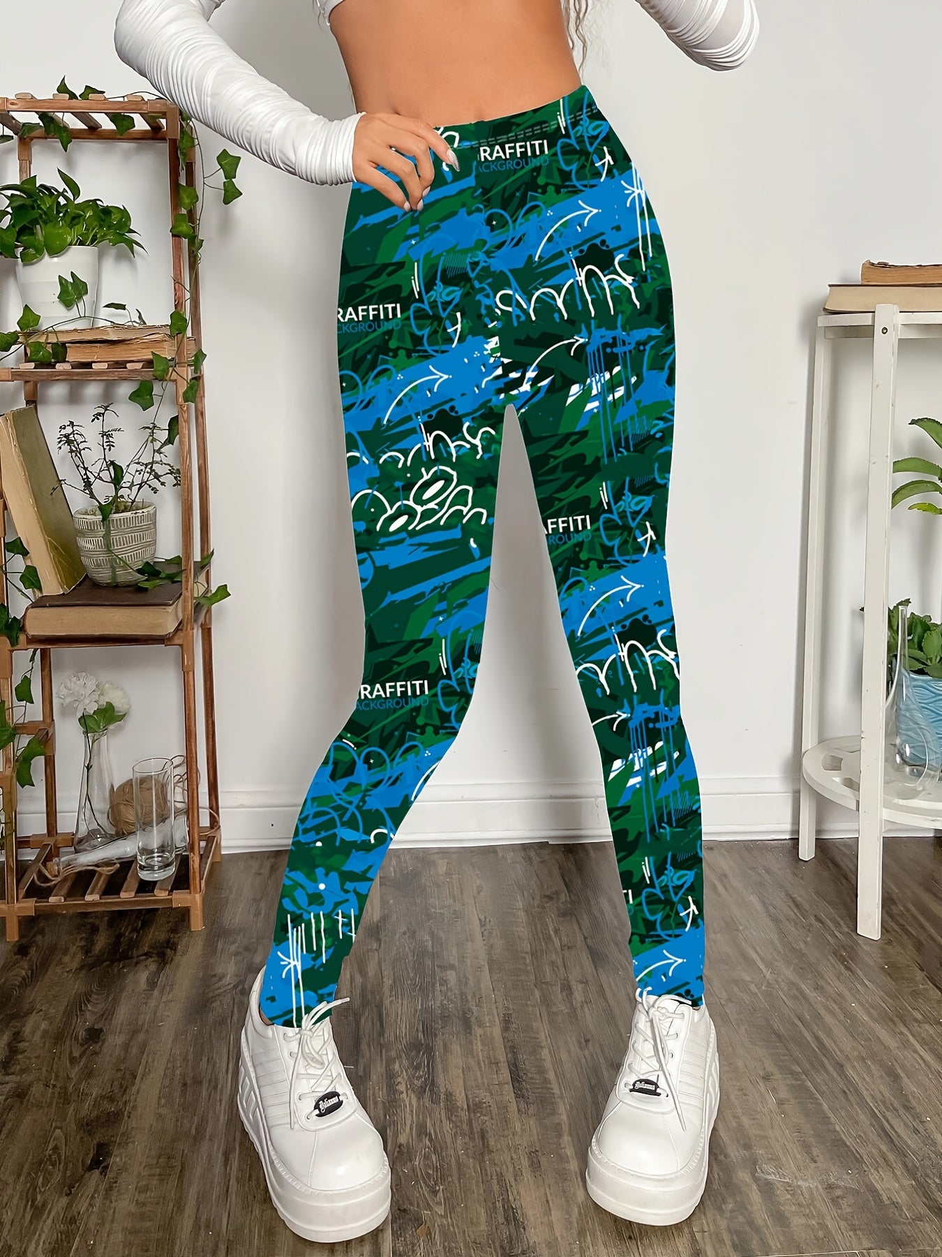 Casual Skinny Leggings, Graffiti Print Every Day Stretchy Women's Clothing