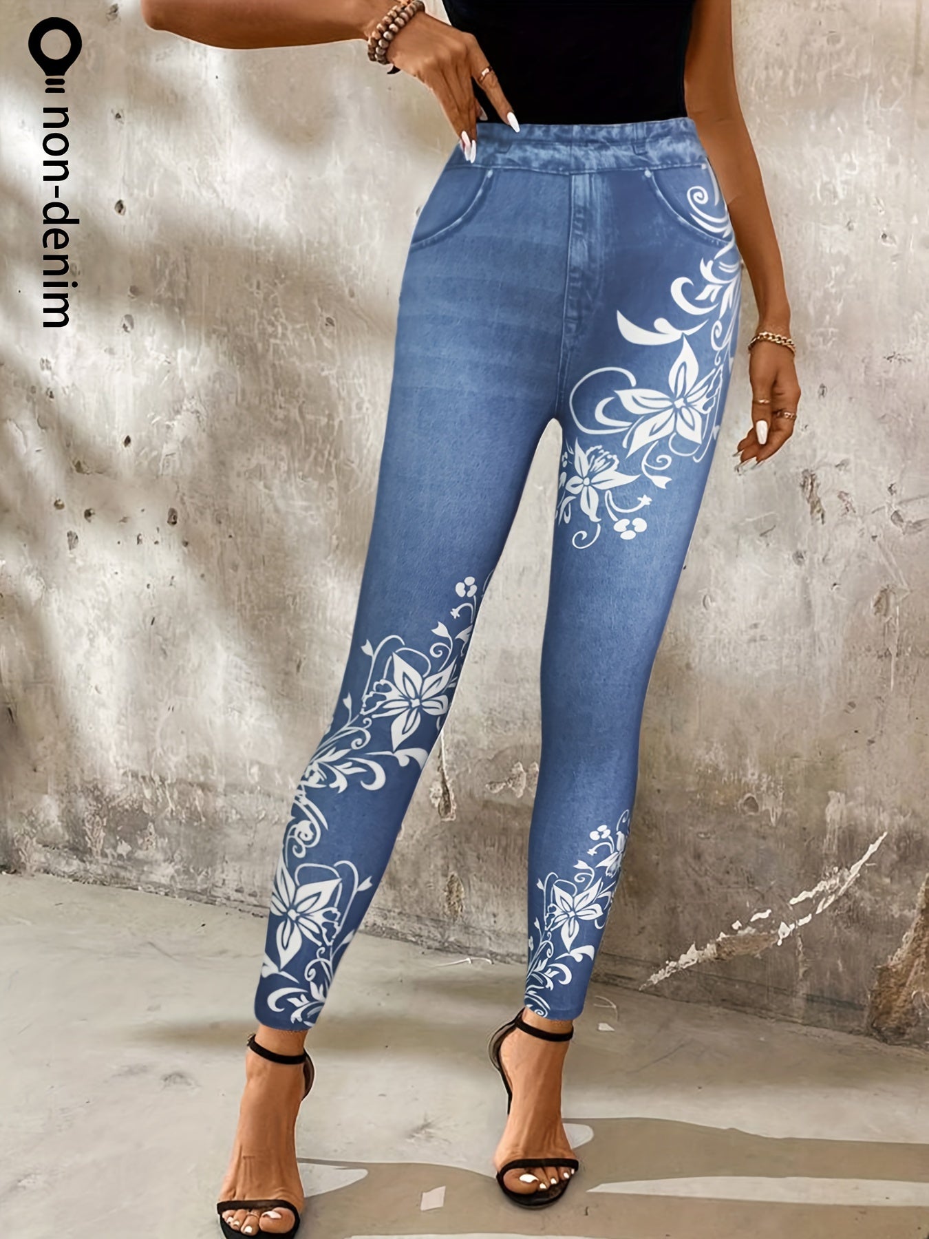 Faux Denim Print High Waist Workout Leggings, Casual Skinny Stretchy Tights Leggings For Daily Wear, Women's Clothing