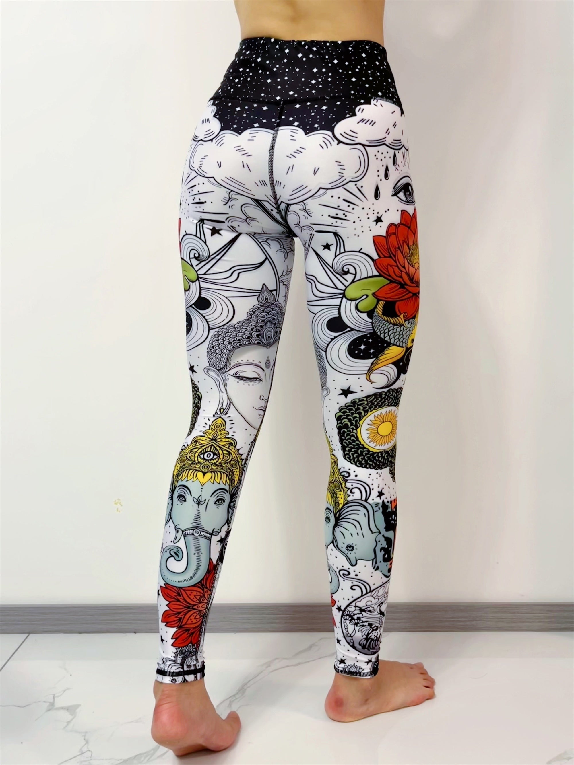 Black and white Chinese style printed women's yoga pants