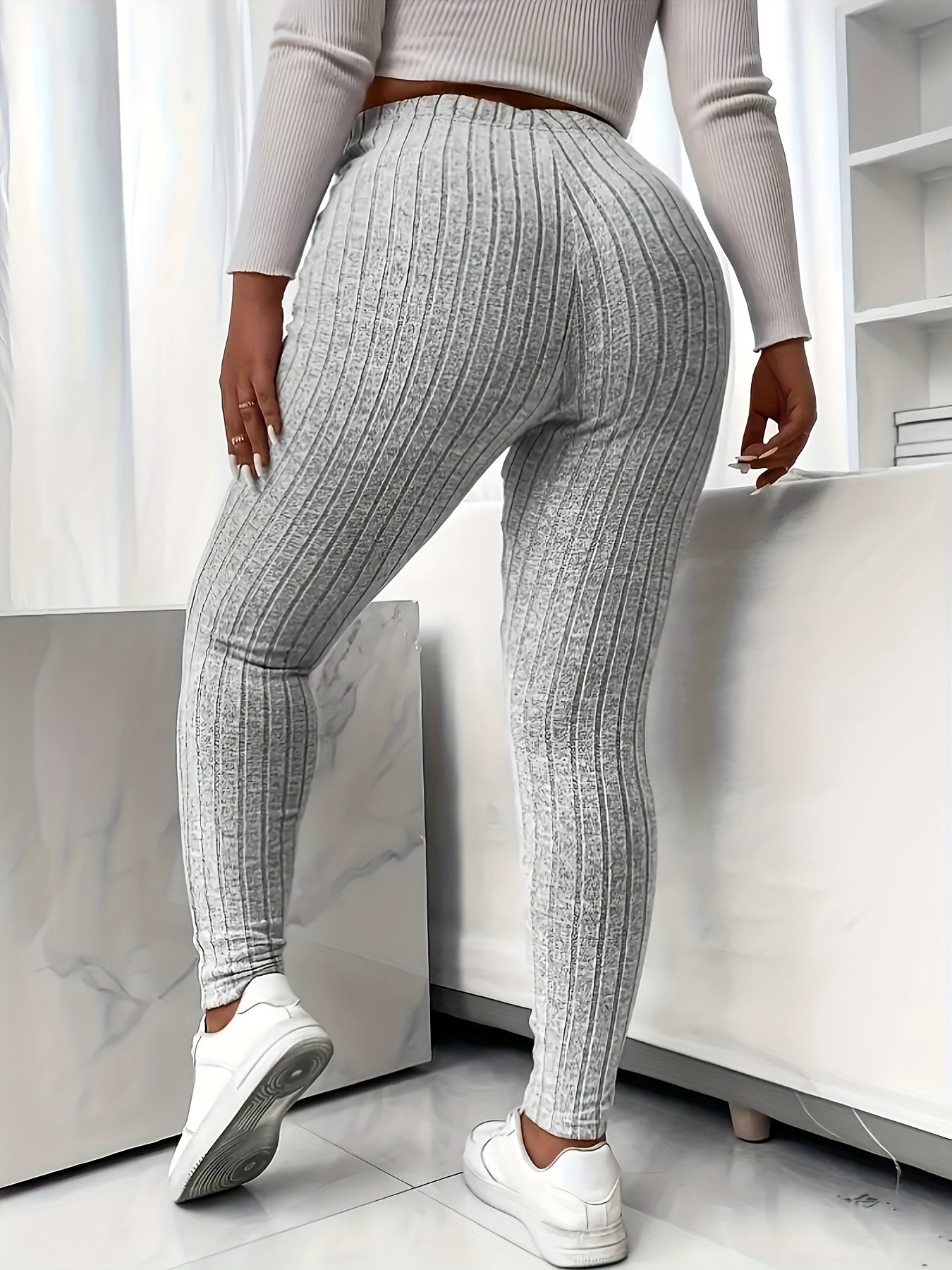 Plus Size Solid Ribbed Knit Leggings, Casual High Waist Leggings For Fall & Winter, Women's Plus Size Clothing