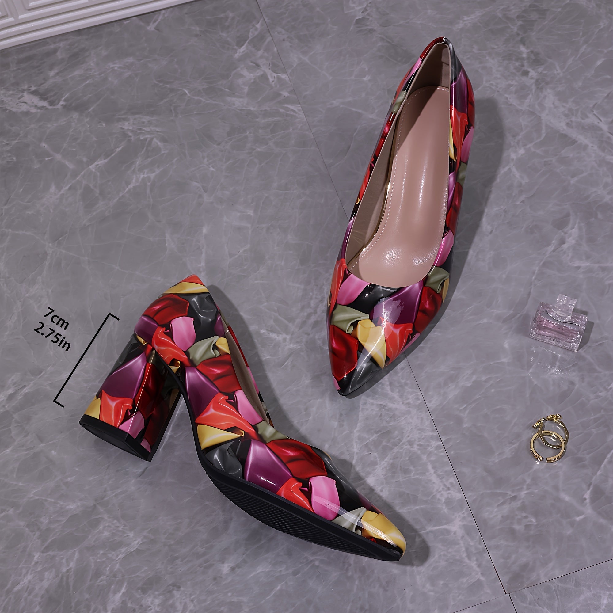 Women's Colorful Print Pumps, Shallow Mouth Slip On Party Chunky Heels, Point Toe Formal Shoes