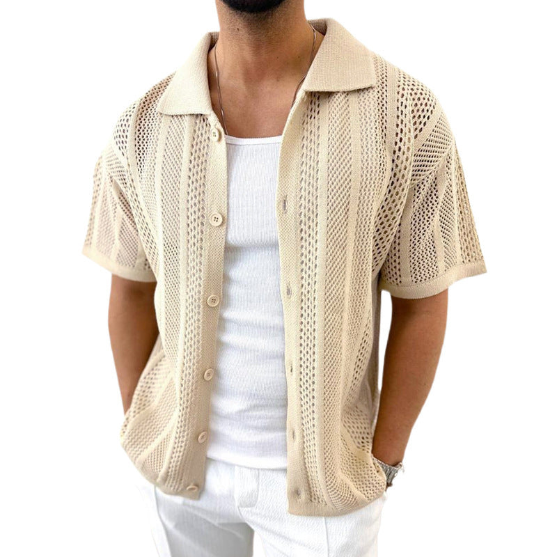 Men's Thin Sweater Lapel Short Sleeve Hollow Cardigan-Aria Doejay