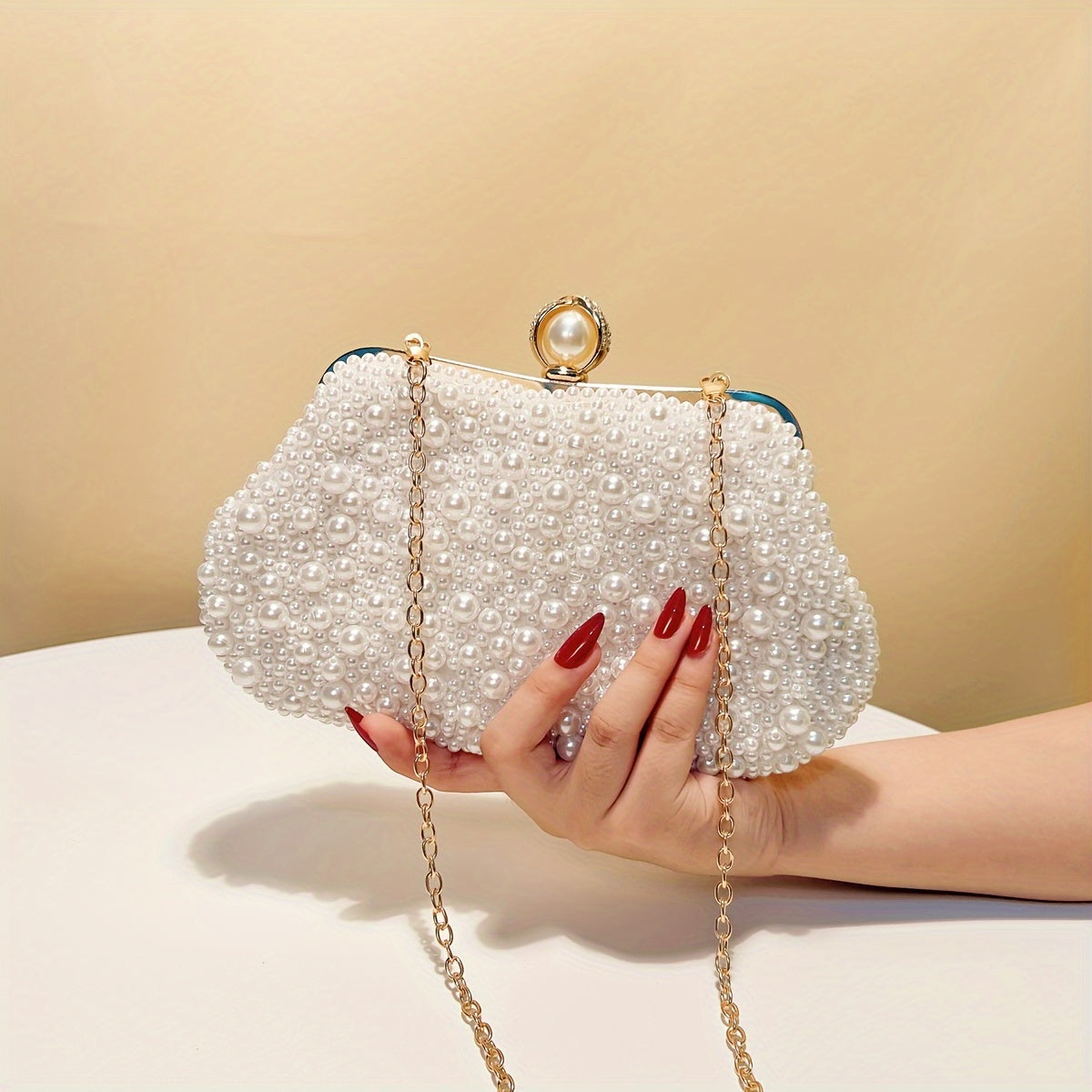 Vintage Pearl-Embellished Evening Clutch with Removable Strap, Solid White Fabric, Buckle Closure, Lightweight, Polyester Lining, Handcrafted in Guangzhou