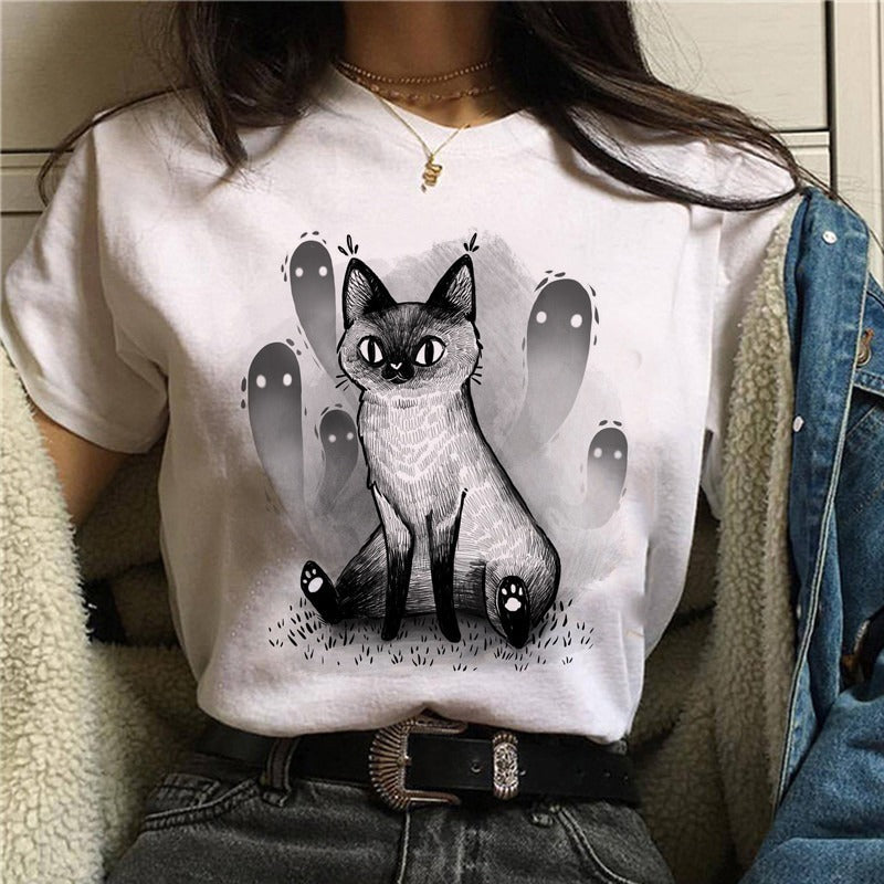 Cartoon Cat Mushroom Halloween Print T-shirt Short Sleeve-Aria Doejay