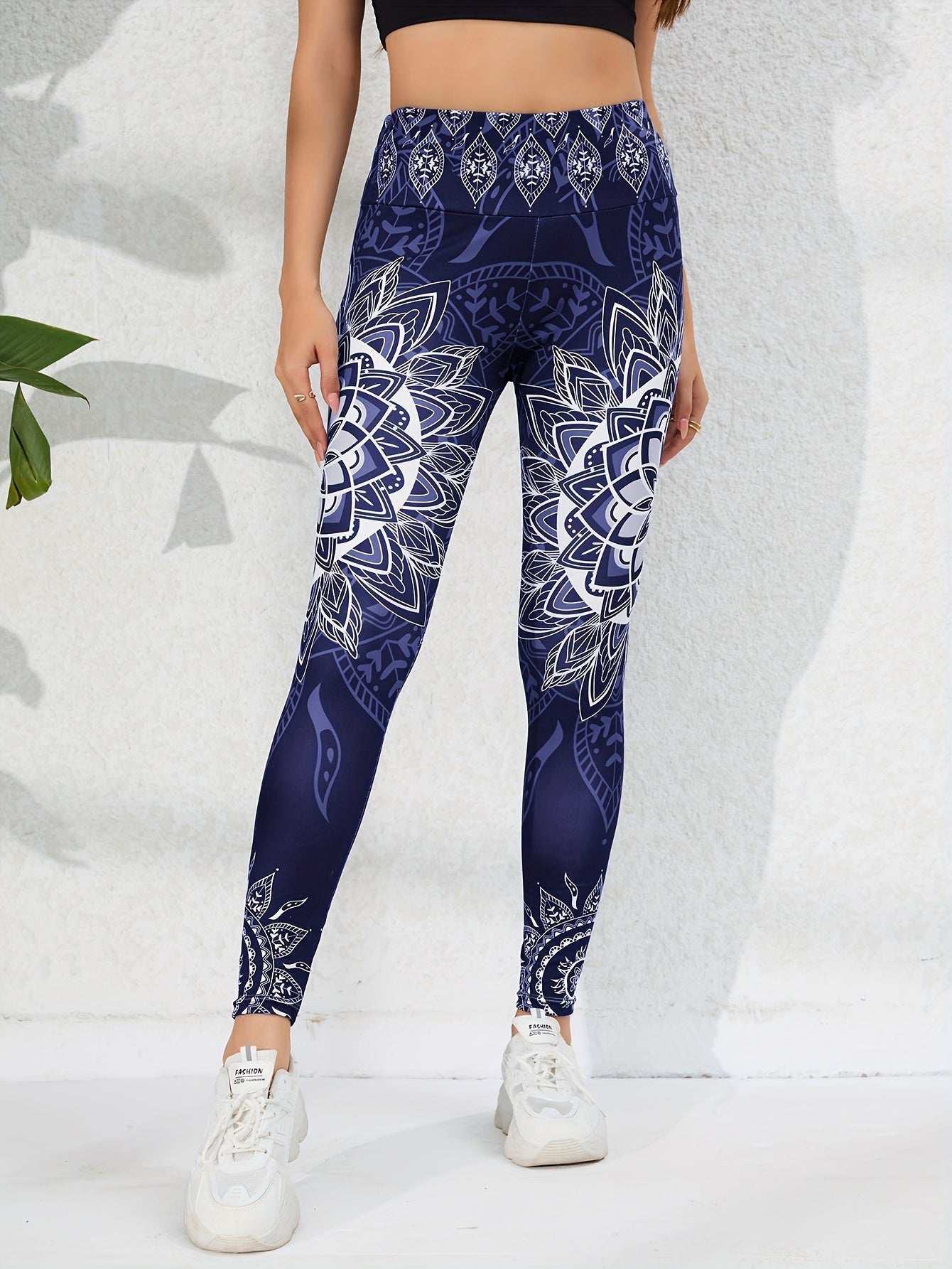 Ink Lotus Graphic Print Two-piece Set, Stylish Printed, Women's Tight-fitting Sports Fitness Leggings