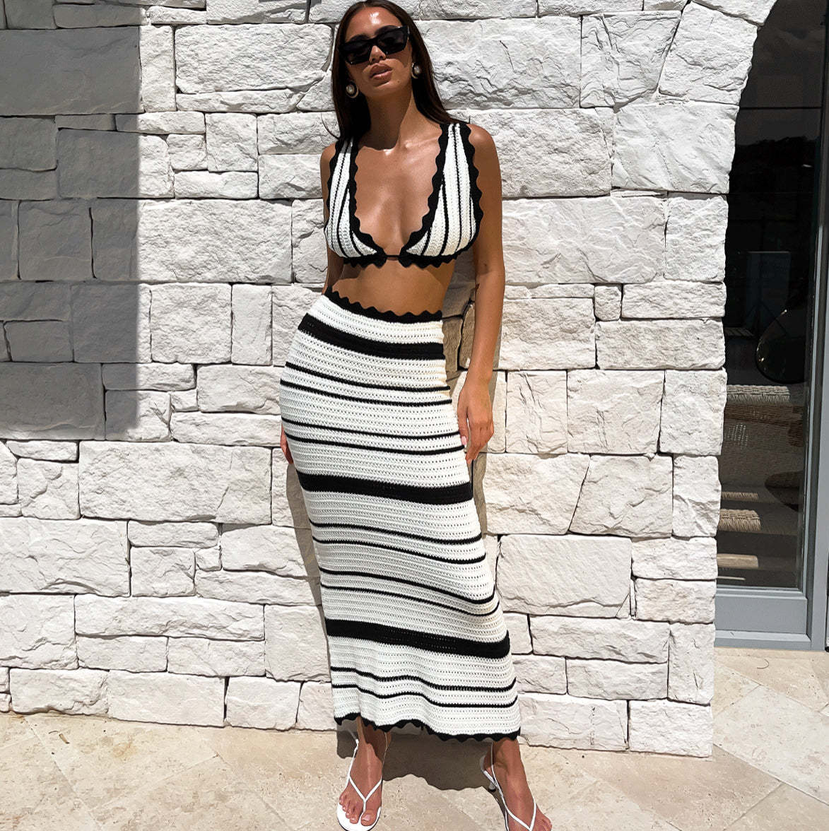 2pcs Striped Bikini Casual Vest Sling Top Suit Beach Summer Y2K Long Dress Suits For Women-Aria Doejay