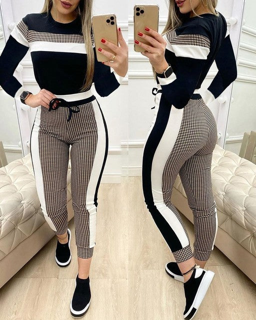 Fashion Women Sets Short Sleeve Tops High Waist Pant-Aria Doejay