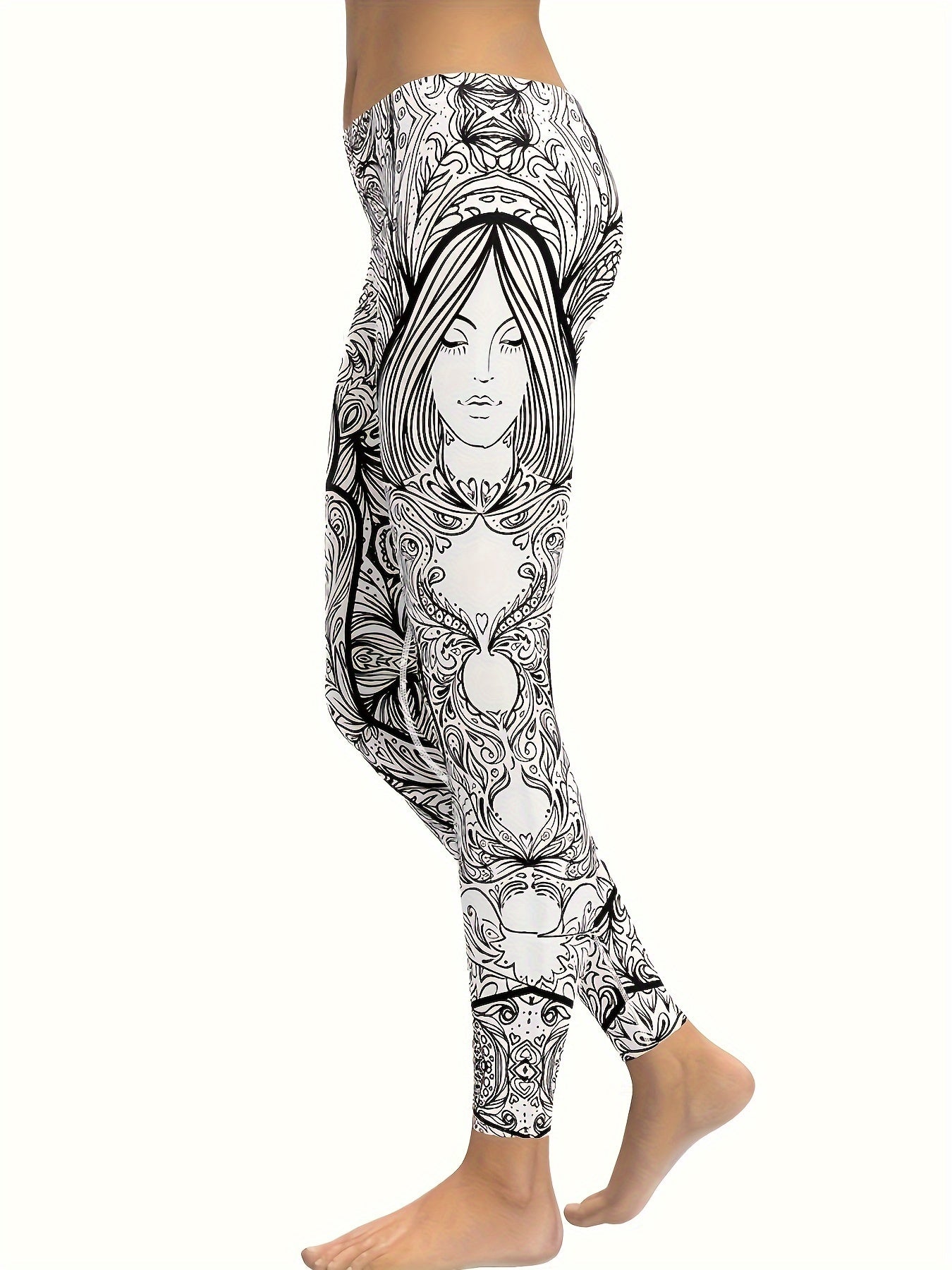 Black and white striped goddess printed women's yoga pants