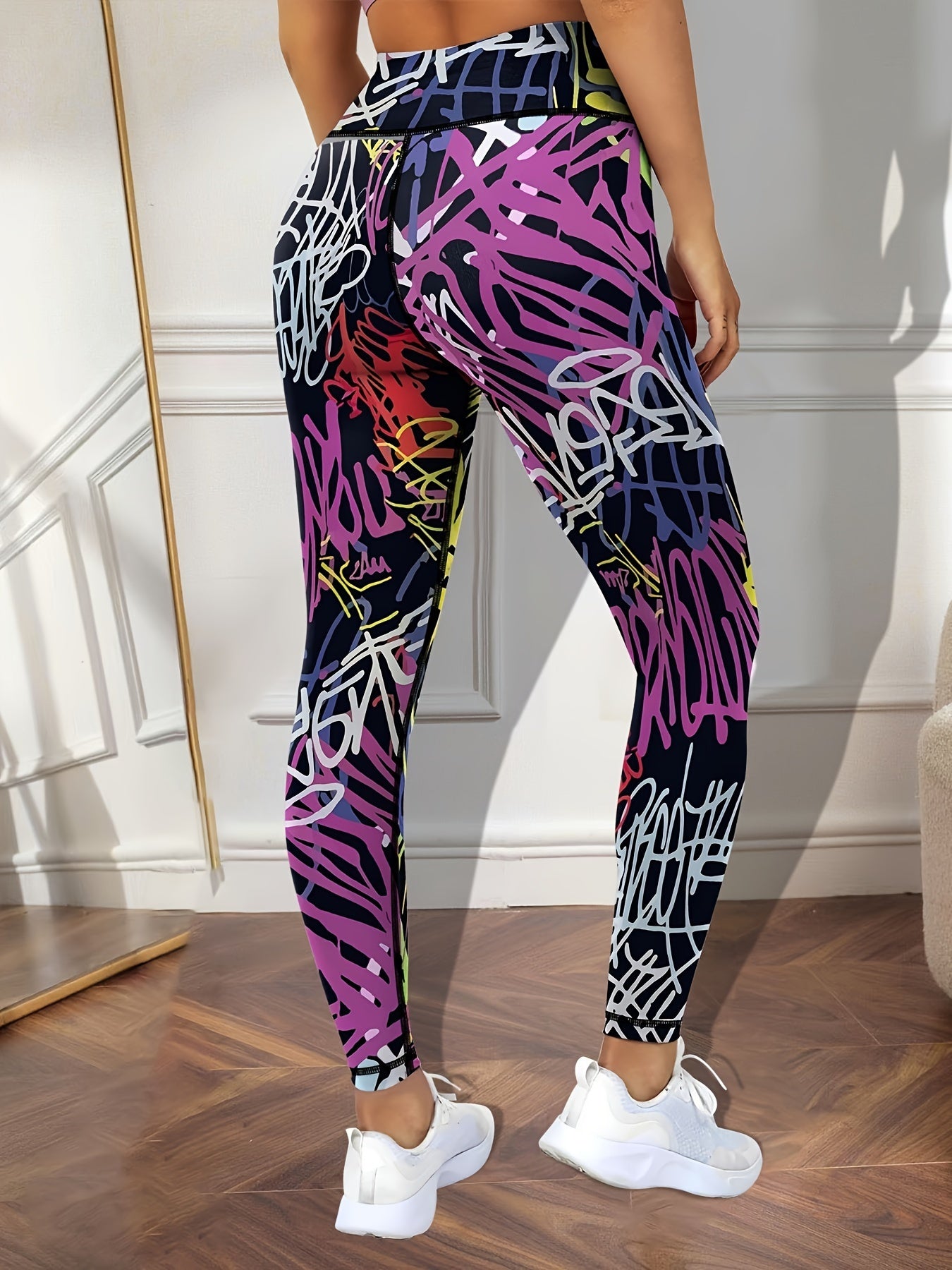 Women's High-Waisted Tummy Control Athletic Leggings with Stripe Graffiti Print - Stretchy Booty Lifting Yoga Pants, Perfect for Workout and Casual Running Trousers, Sporty Style