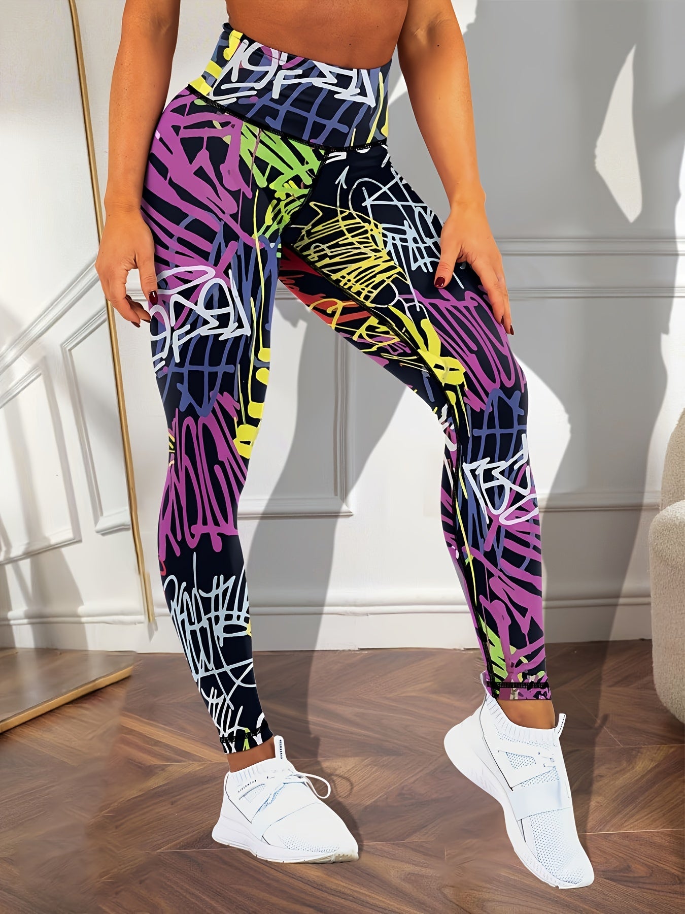 Women's High-Waisted Tummy Control Athletic Leggings with Stripe Graffiti Print - Stretchy Booty Lifting Yoga Pants, Perfect for Workout and Casual Running Trousers, Sporty Style