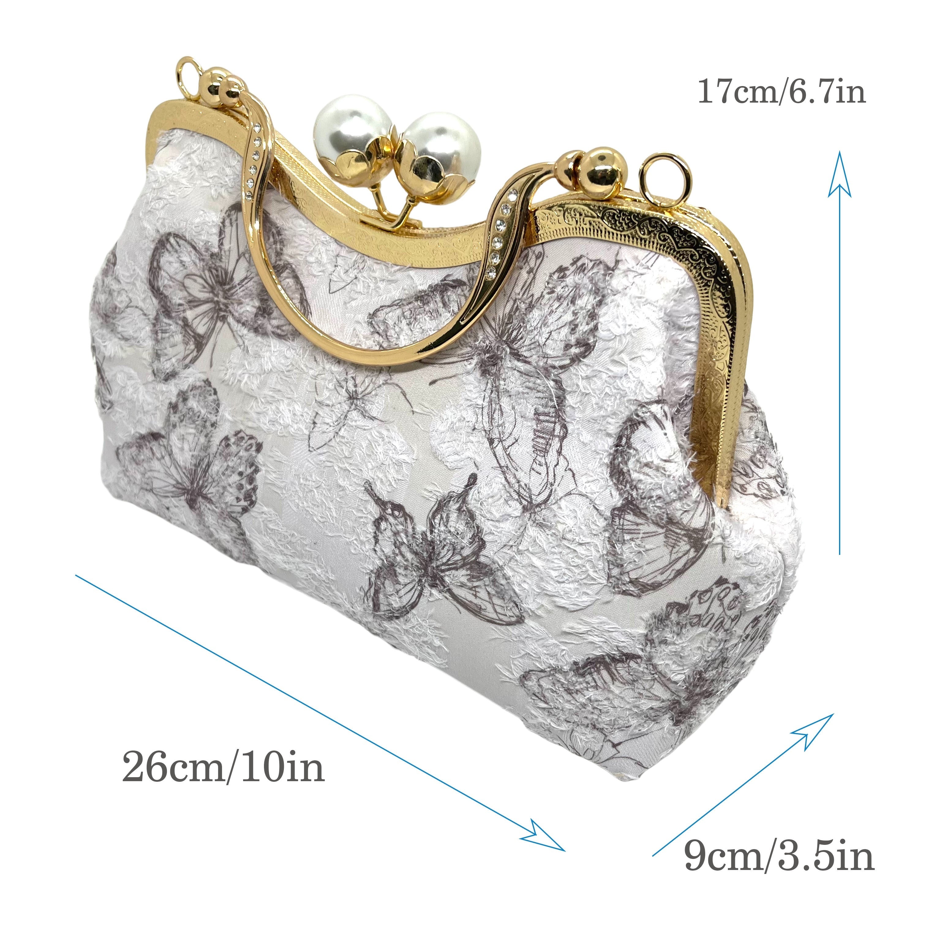 Luxurious White Butterfly Embroidery Evening Bag For Women, Medium Size, Removable Shoulder Strap, Pearl Golden Kiss Lock, Clutch, With Colin Bag