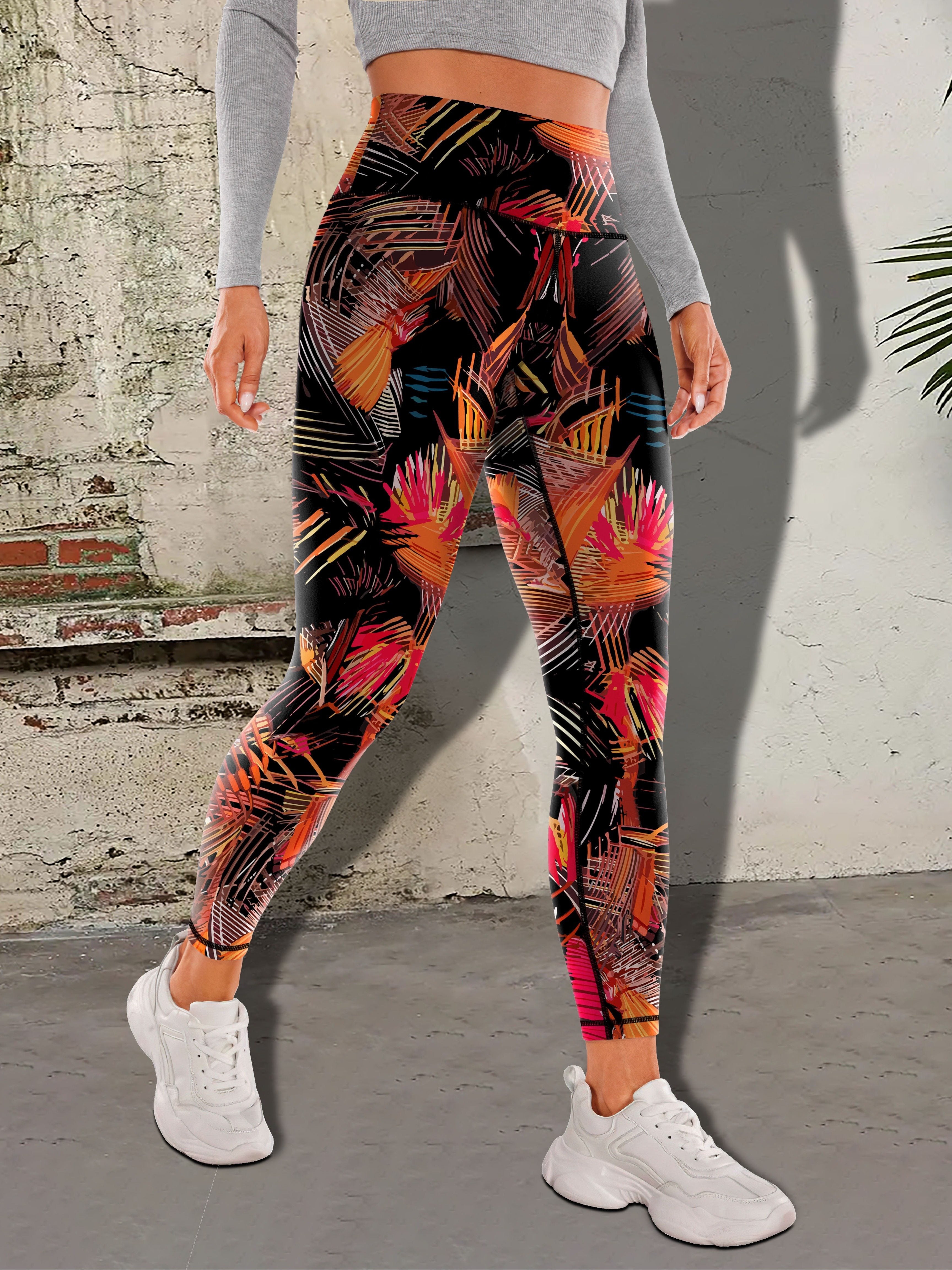 Tropical Rainforest Print High Waist Women's Tummy Control Workout Leggings for Outdoor Sports Fitness Running