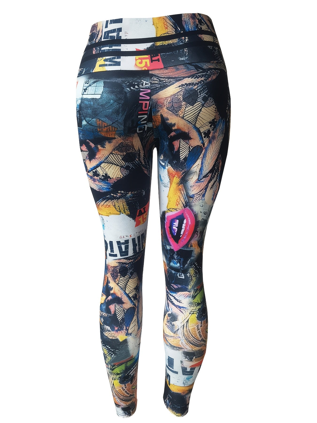 High Elastic Women's Vintage Lips Printing Sports Leggings, High Waist Tight Fitness Running Activewear Pants