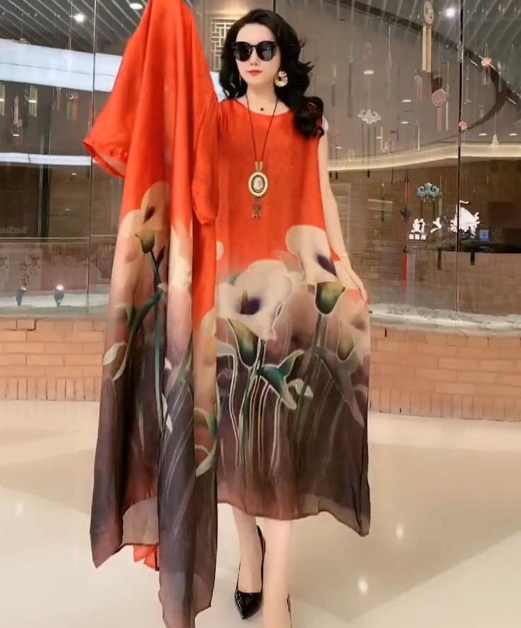 Cross-border New Arrival Artificial Silk Blended Dress Two-piece Loose Suit Printed Skirt-Aria Doejay