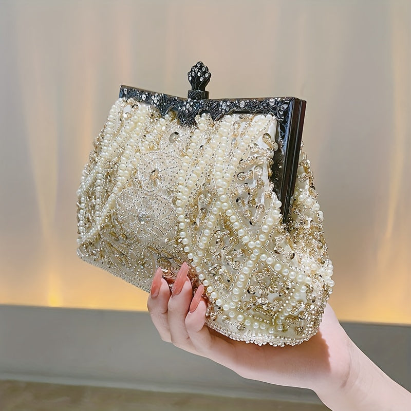 Luxurious Faux Pearl and Diamond Kiss Lock Clutch Bag - Floral Handle, Party Bag, Metal Chain Strap, Glamorous Evening Purse with Sparkling Accents - Perfect for Weddings, Proms, and Formal Events