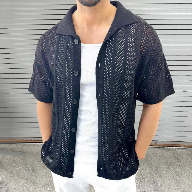 Men's Thin Sweater Lapel Short Sleeve Hollow Cardigan-Aria Doejay