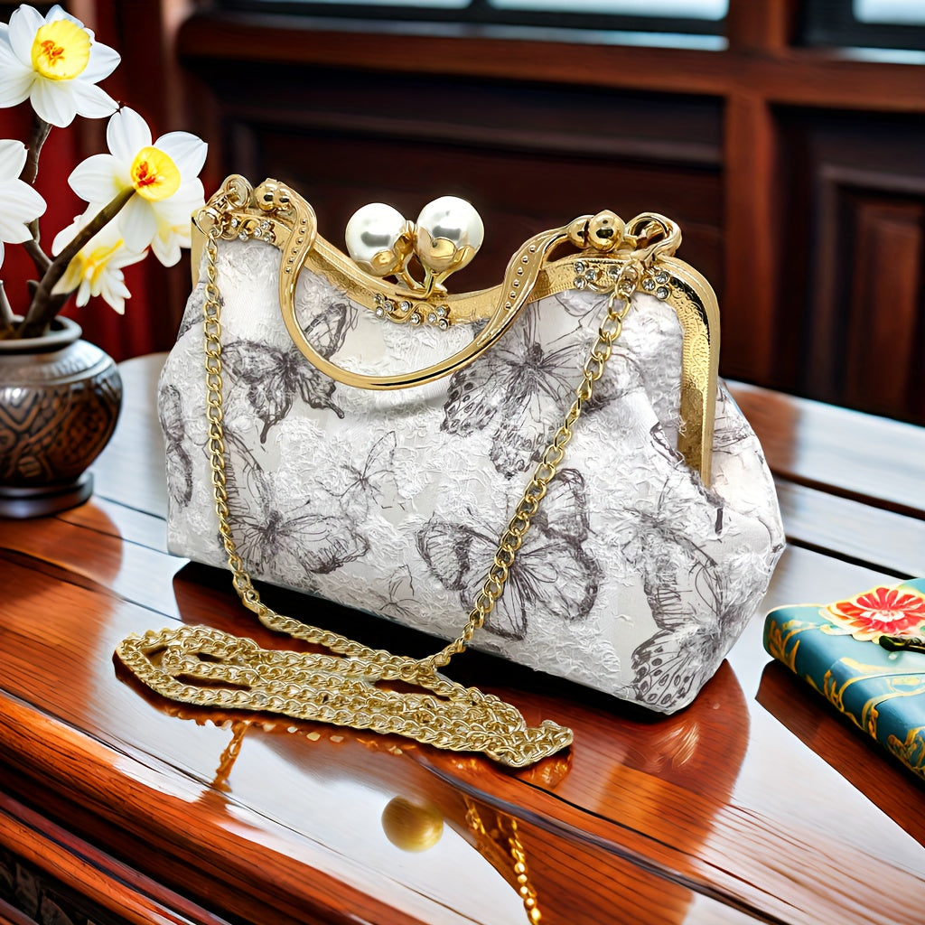 Luxurious White Butterfly Embroidery Evening Bag For Women, Medium Size, Removable Shoulder Strap, Pearl Golden Kiss Lock, Clutch, With Colin Bag