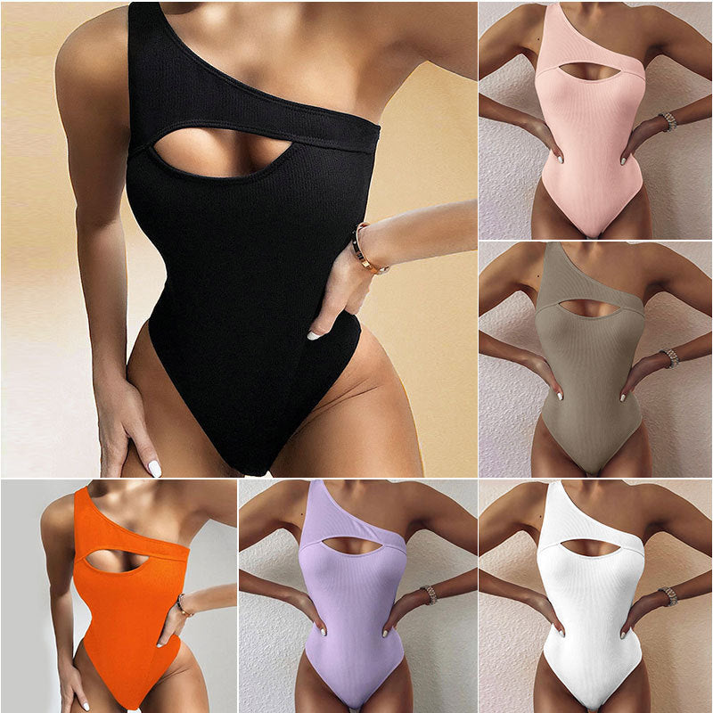 New Bikini Solid Color One-shoulder One-piece Swimsuit Women-Aria Doejay