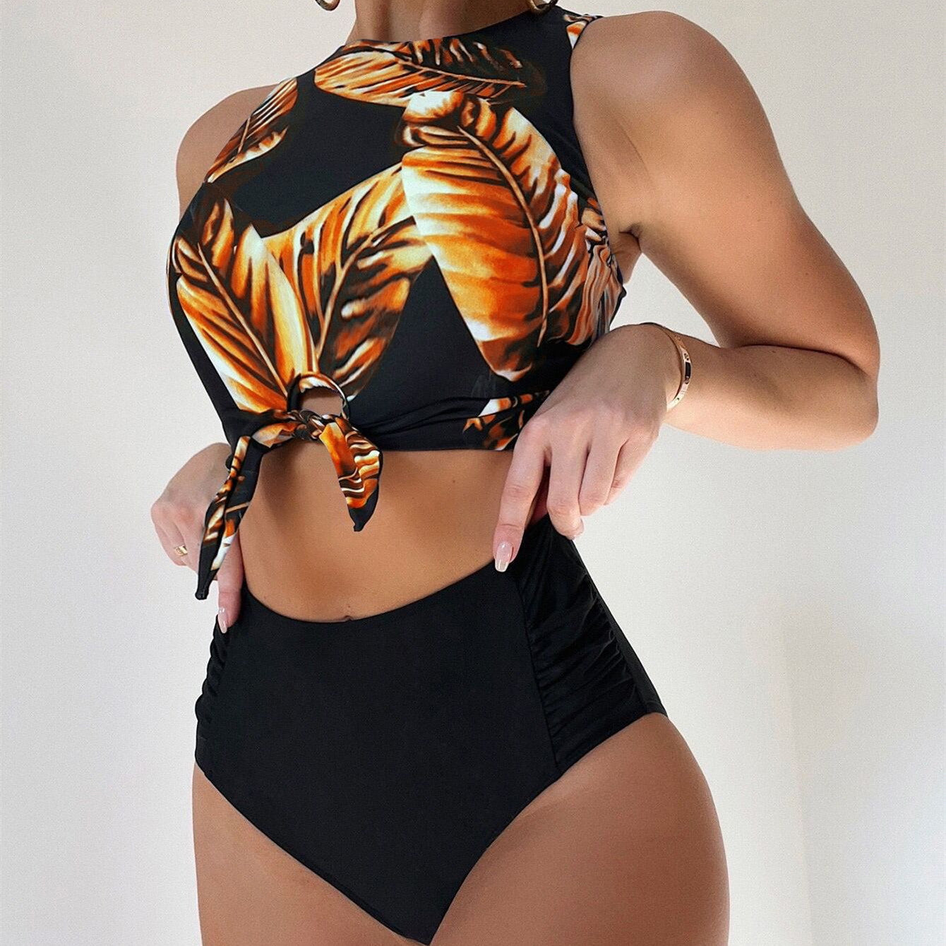 Leaf Print Bikini Women's High Waist Tank Top Split Swimsuit-Aria Doejay