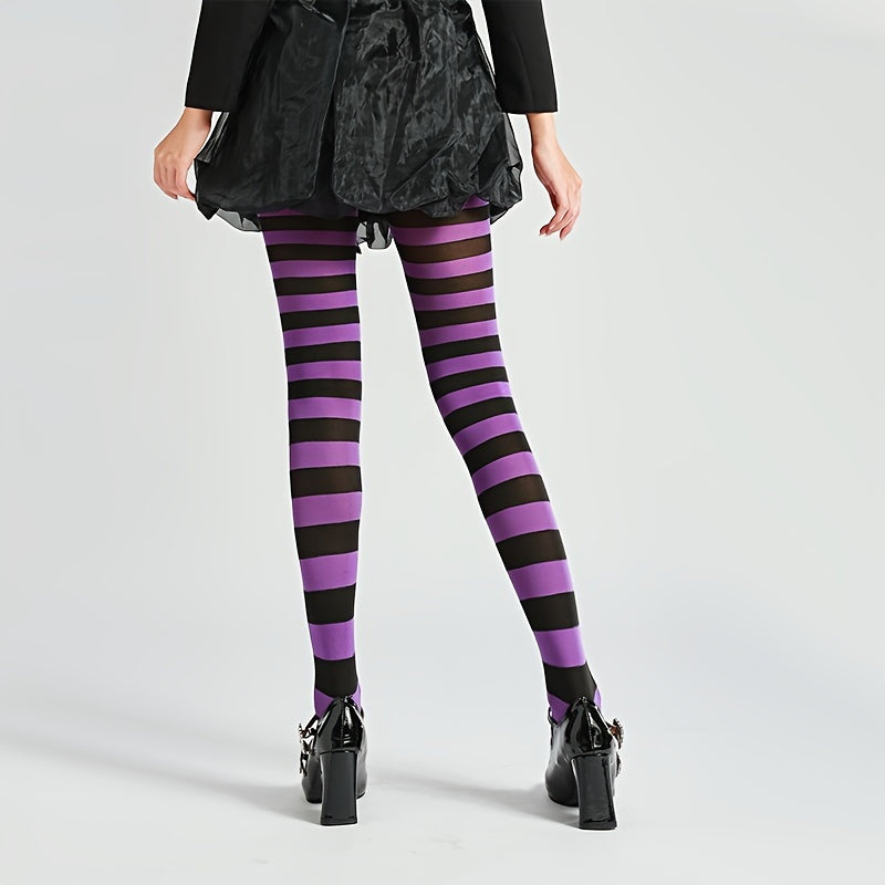 Purple Striped Print Tights - Women's Slim Fit Halloween Party Pantyhose - Spandex Stretchy Stockings with Comfortable Fit and Soft Fabric for Ladies