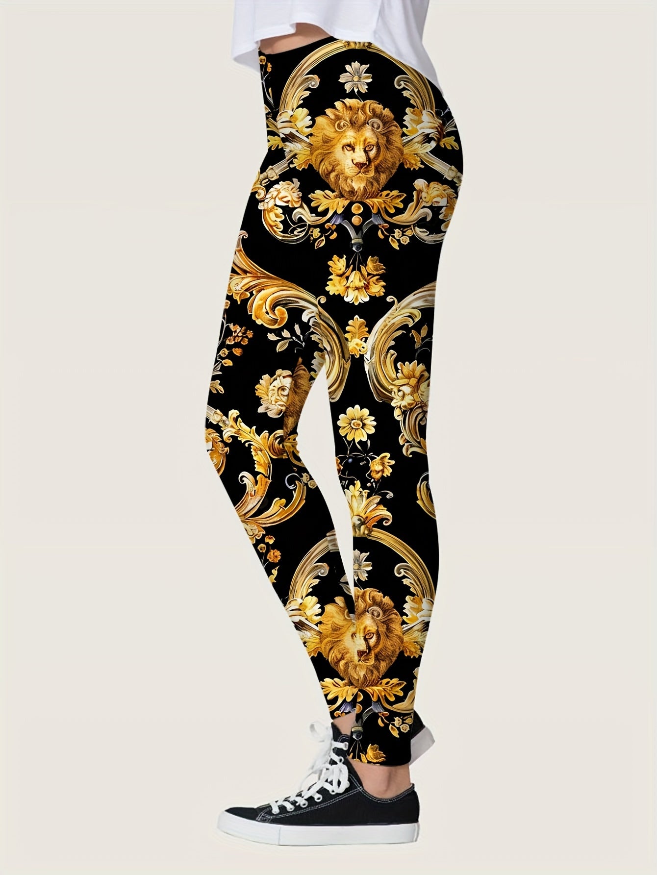 High Waist Stretchy Leggings for Women - Lion & Floral Print Casual Everyday Wear