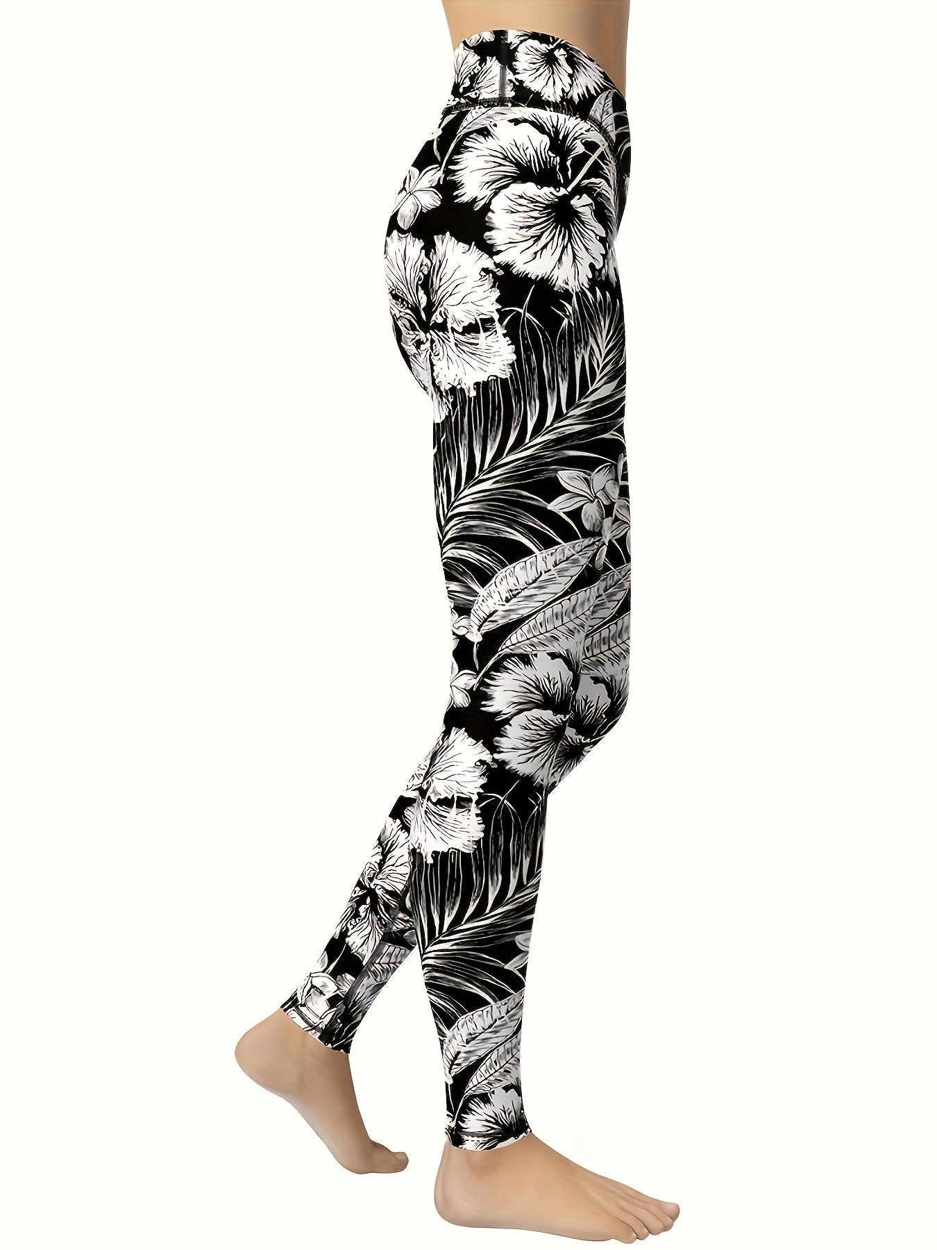 Black And White Floral Printed Women's Yoga Pants